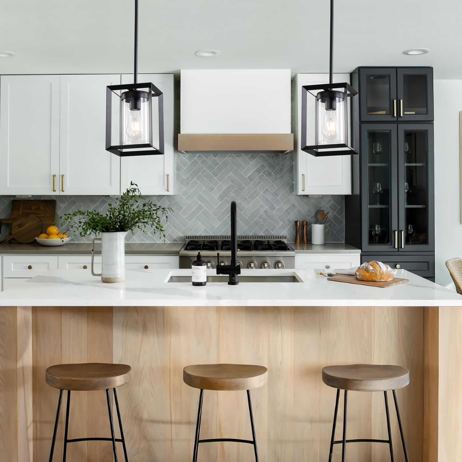 Sheenkarion 2 Pack Farmhouse Black Kitchen Island Pendant Light,Modern Hanging Pendant Light Fixtures With Metal Cage And Clear