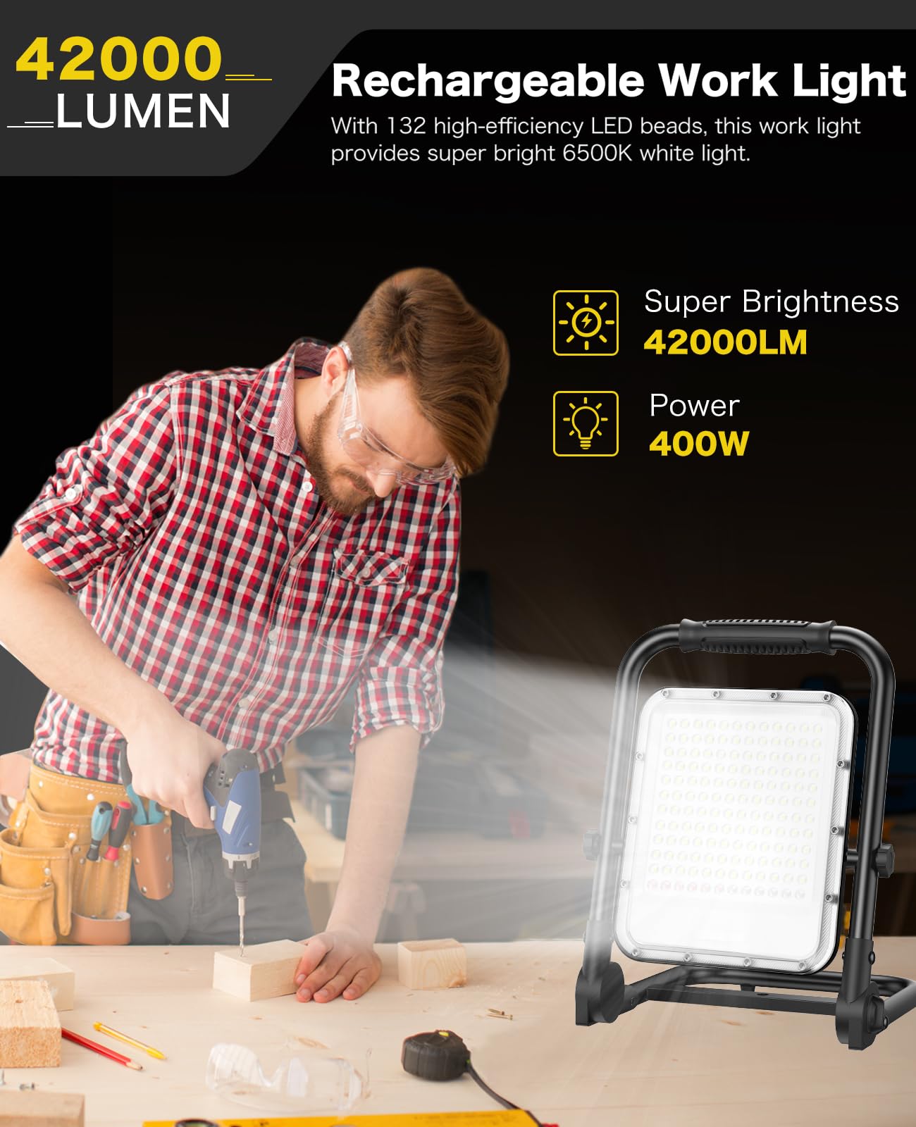 Akofun 400W Rechargeable Led Work Light With Stand, 42000Lm Waterproof Flood Light, 32000Mah Battery, 6500K, 4 Modes Adjustable