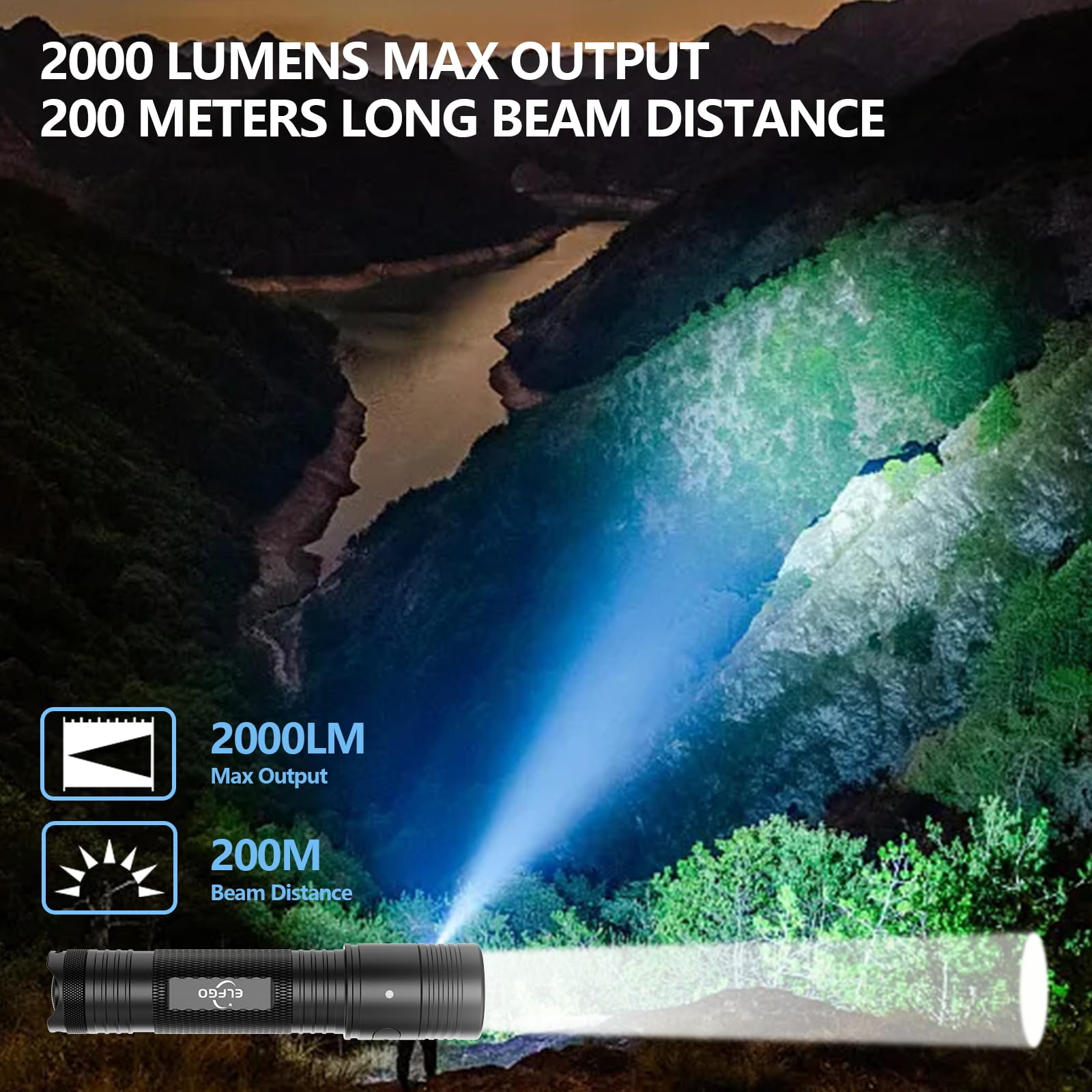 ELFGO Tactical Flashlight 2000 Lumens Rechargeable LED, IP67 Waterproof, Black, Model L4050L for Outdoor Camping and Emergency Use
