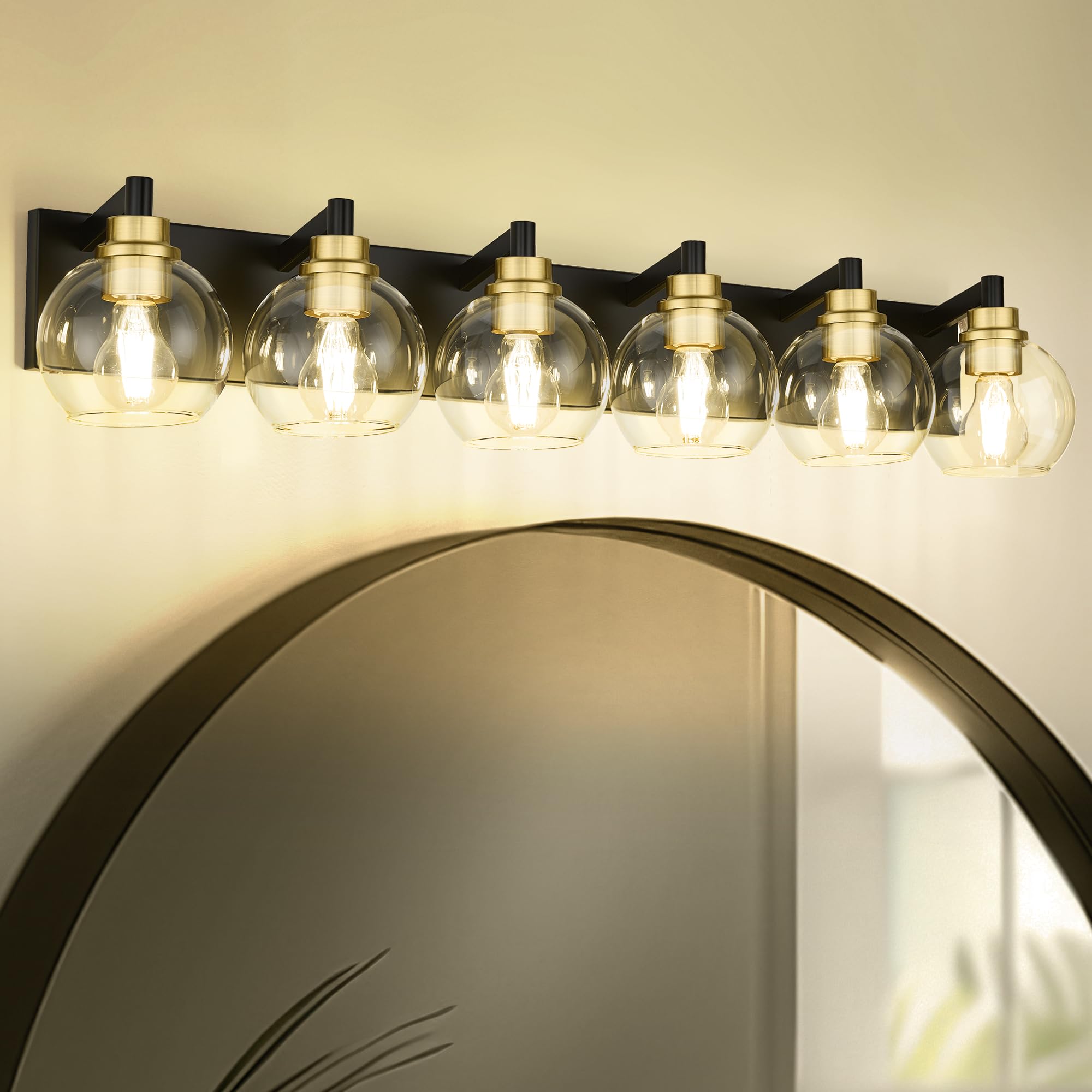 Metwet Bathroom Light Fixtures, 6-Light Black And Gold Bathroom Vanity Light, 38 Inch Modern Wall Sconces With Globe Clear Glass