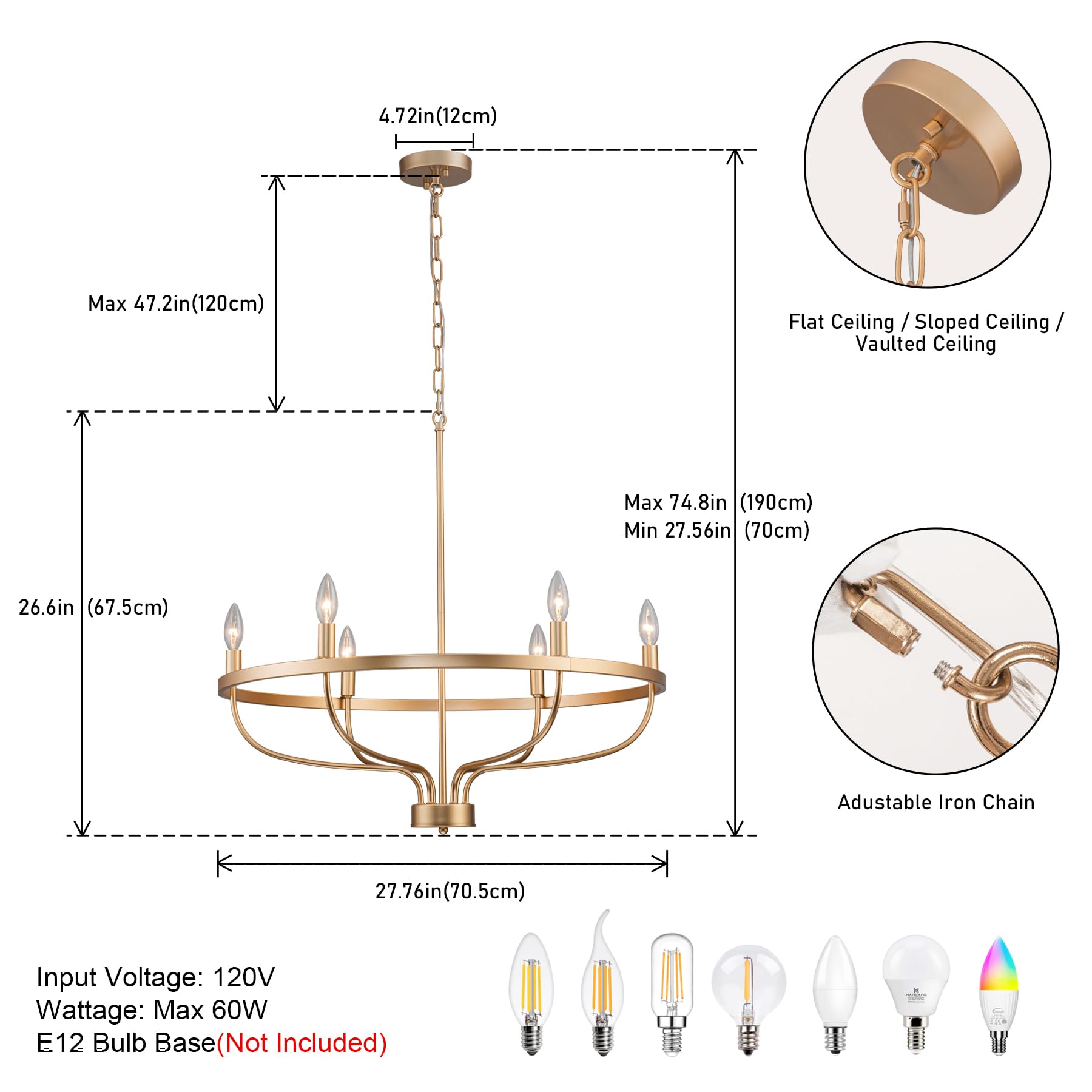Brknit 6-Light Gold Chandelier, Candle Chandeliers For Dining Room, Vintage Farmhouse Chandelier Light Fixture For Entryway, Bed