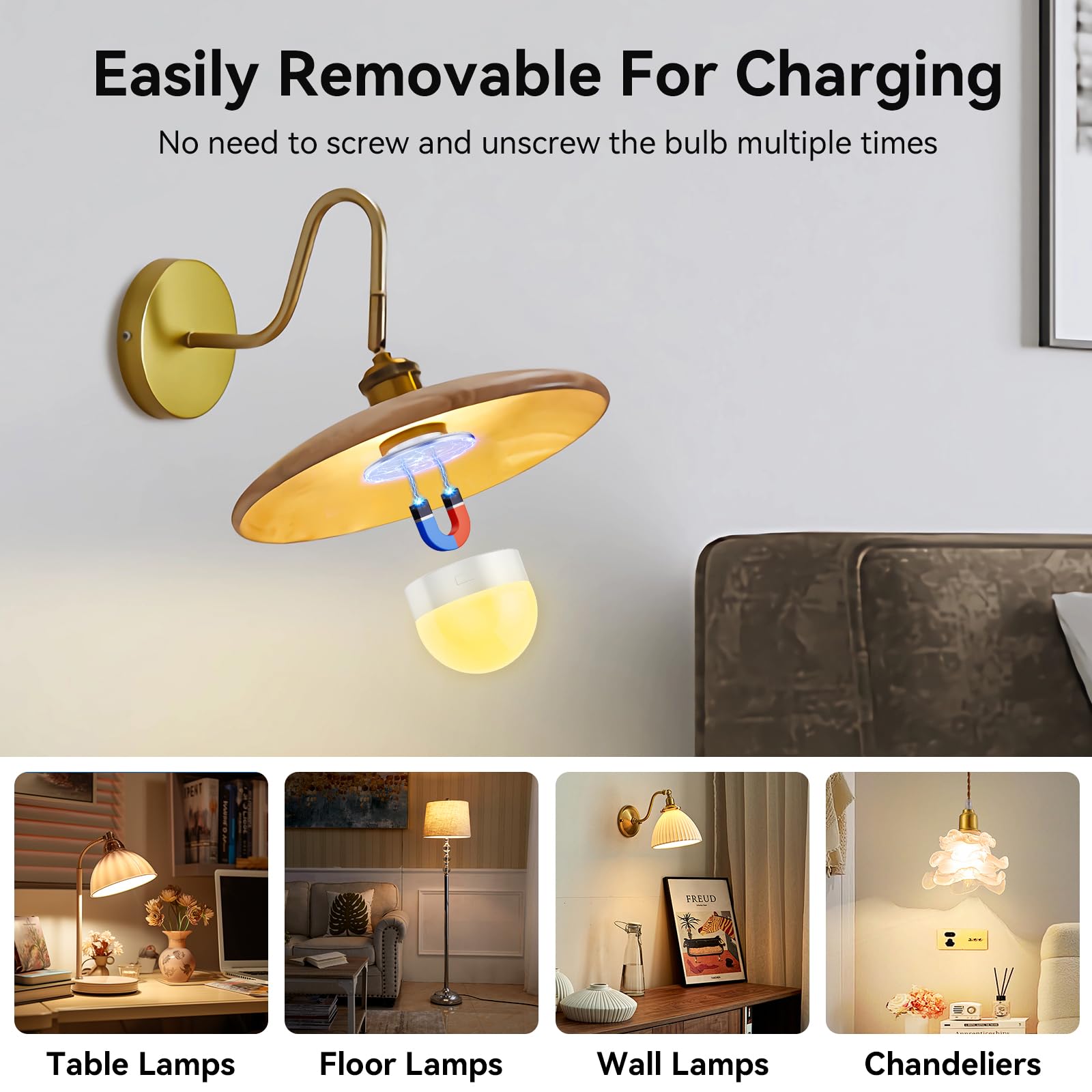 Funlenry Rechargeable Light Bulbs With Remote - E26 Battery Operated Light Bulb For Non-Hardwired Wall Sconces, Pendant Lights E