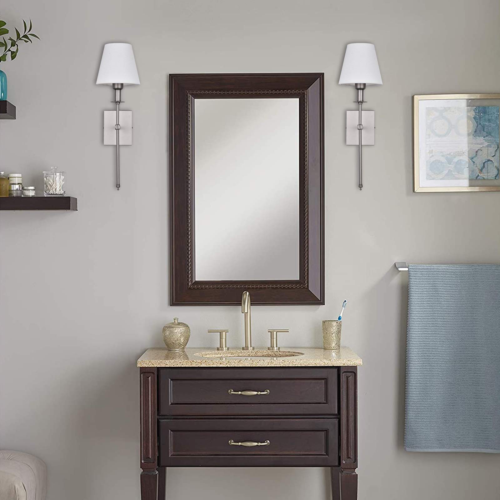 Pauwer Slim Wall Sconce Set of 2 White Fabric Shade Wall Sconce Hardwired Indoor Wall Light Column Stand Bedroom Wall Lamp Bathr