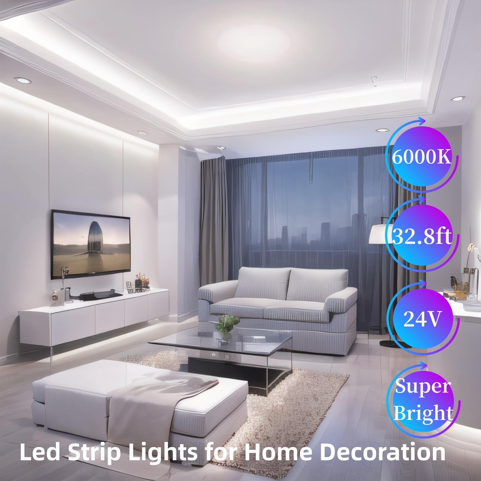 Radiantflux White Led Strip Lights, Dimmable Led Lights Strip, 32.8Ft 600Leds, Super Bright Led Tape Lights For Living Room, Bed