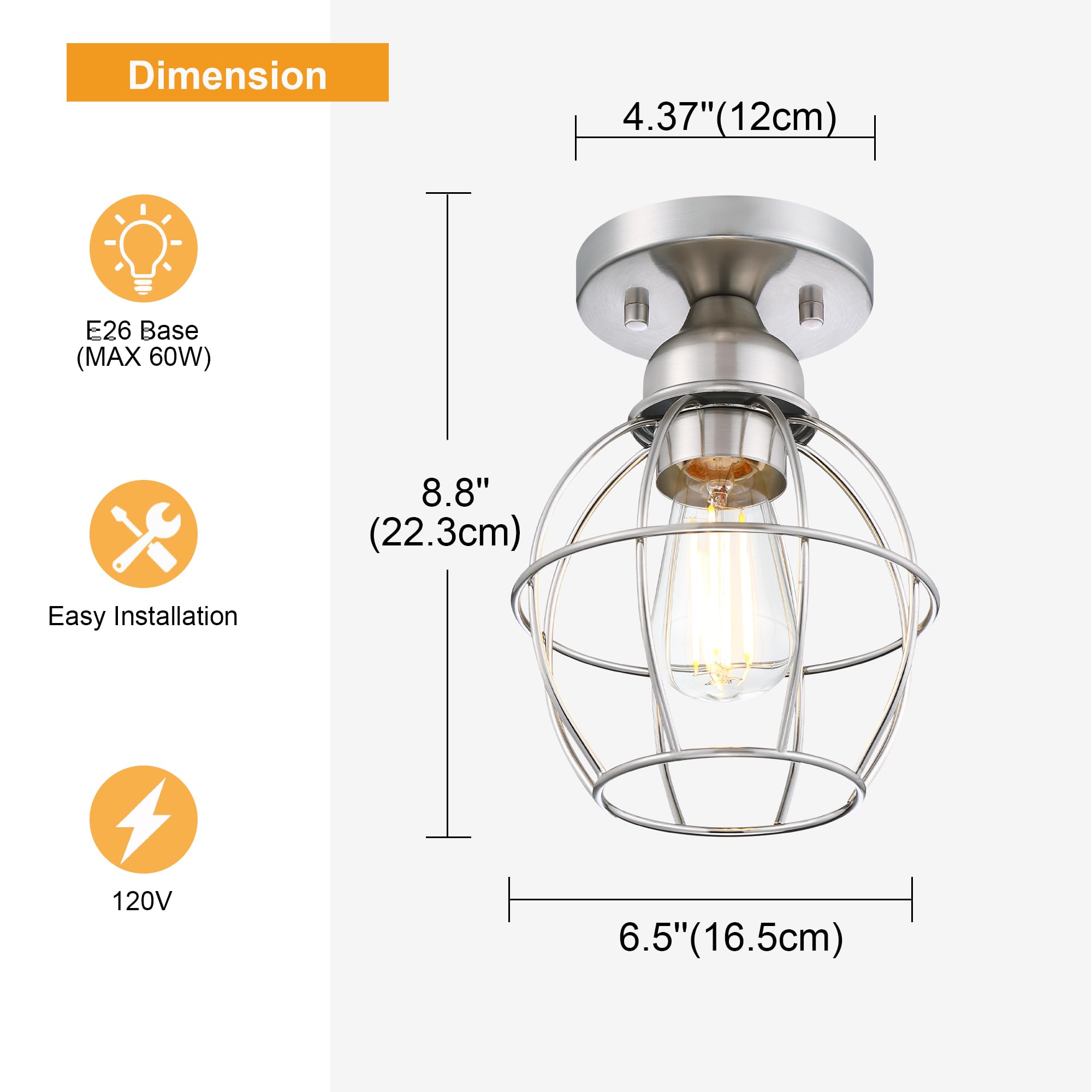 GRUENLICH Semi Flush Mount Ceiling Light, Metal Housing, E26 Base, 60W Max, Nickel Finish, 1-Pack, Model GR-CL018-NK-1PK