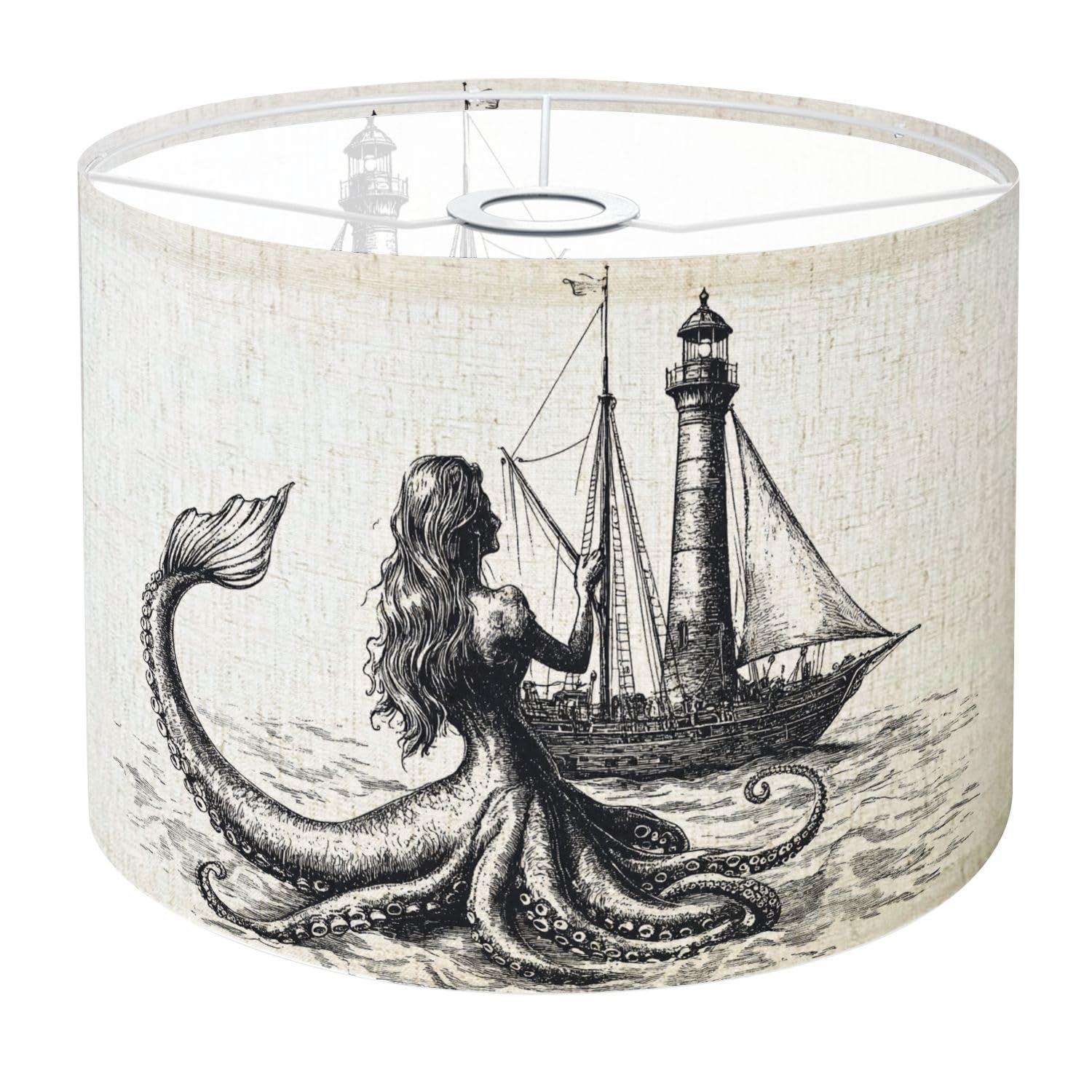 Drum Lamp Shade Blue Deep Sea Toile Octopus Sailing Ship Lighthouse Ocean Waves Ink Lampshade 8.9x11x11 for Table Lamps Floor La