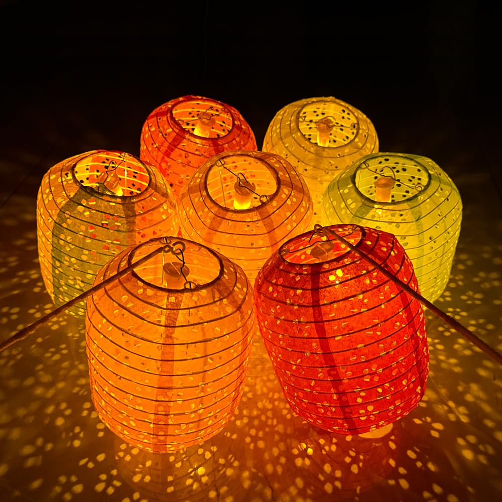 12Pcs Chinese Paper Lanterns With Led Lights, Hollow Out Hanging Asia Japanese Paper Lamps With Tassels Walking Sticks 8 In Lanterns For Chinese New Year Lanterns Decorations(Oval-Shaped)