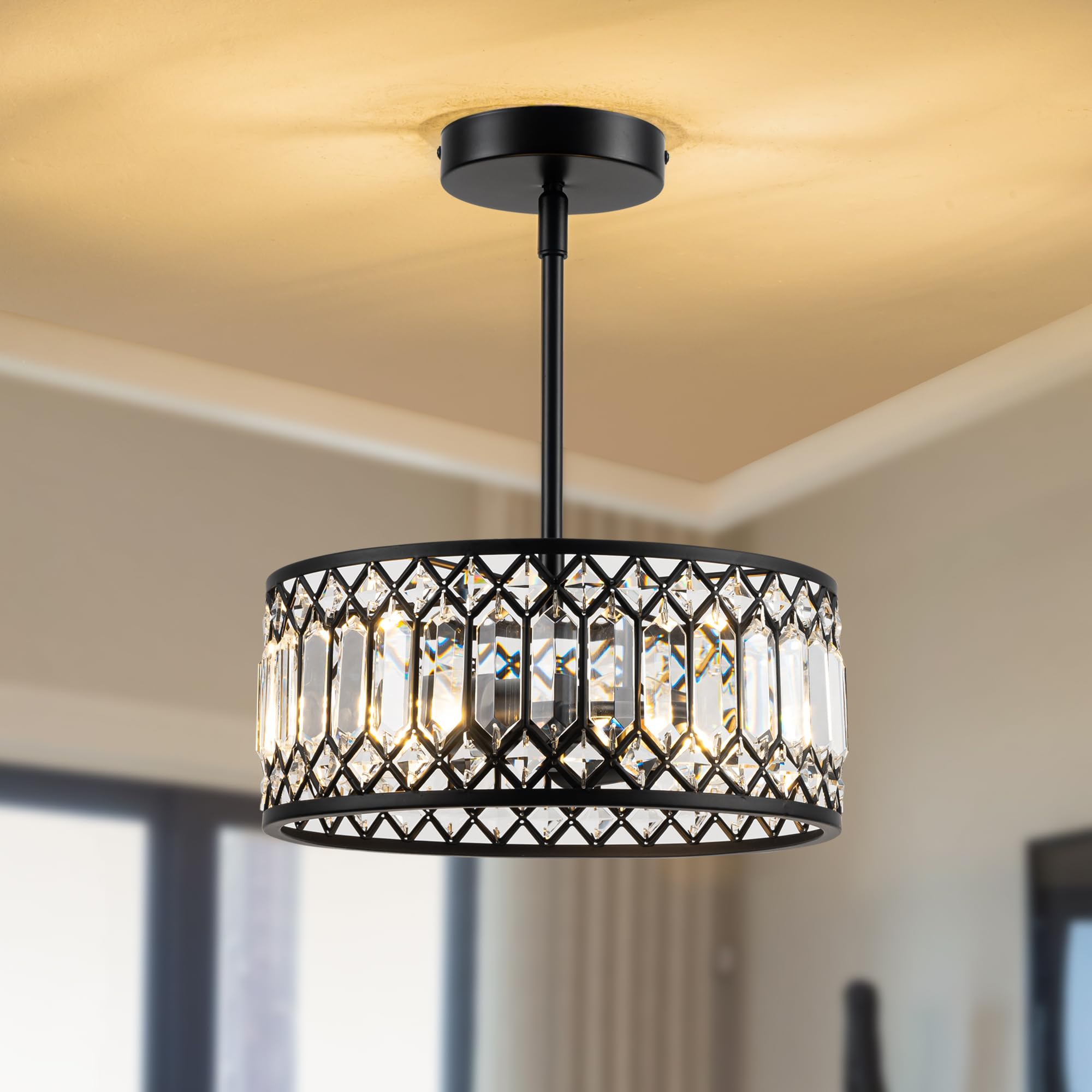 Rpzloila 2-Light Crystal Ceiling Light Fixture, Modern Semi Flush Mount Ceiling Light, Black Crystal Chandelier for Kitchen Bedr