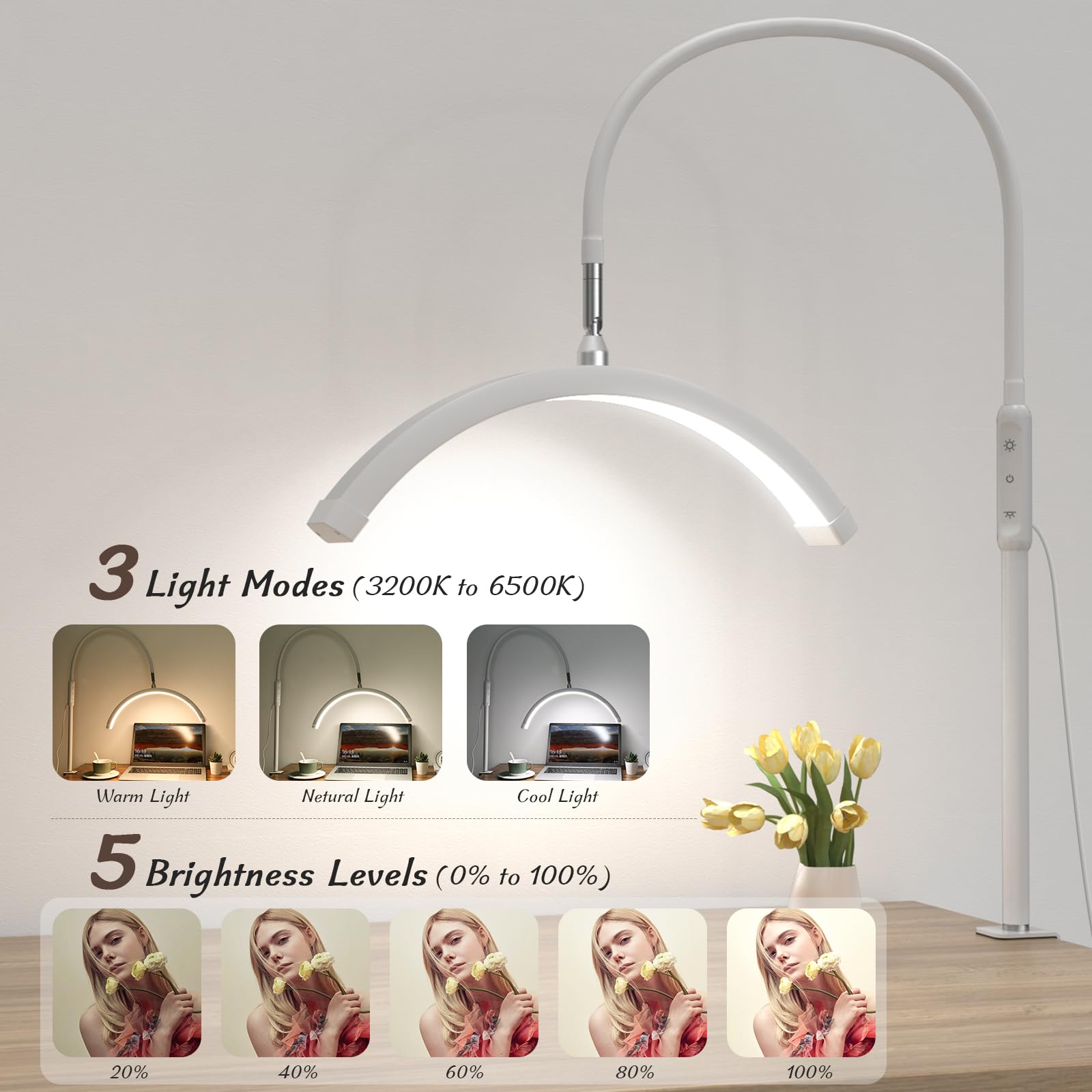 Mznoo Half Moon LED Desk Lamp with Clamp, 5 Brightness Levels, 5 Color Modes, Model M500, White