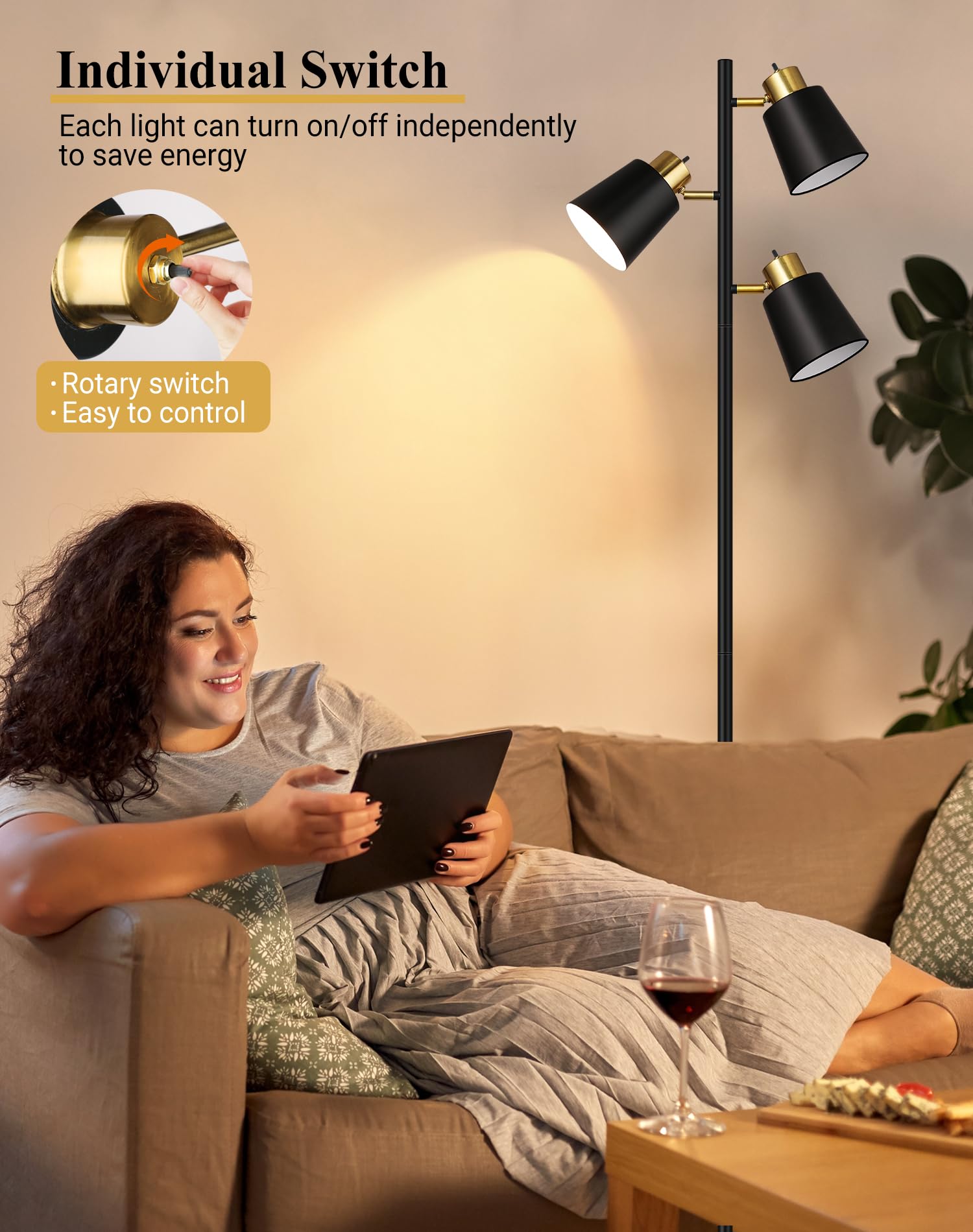 Qimh Tree Floor Lamps For Living Room, 67'' Modern Standing Floor Lamp With 3 Led Bulb, Industrial Tall Lamp Reading Lighting Fo