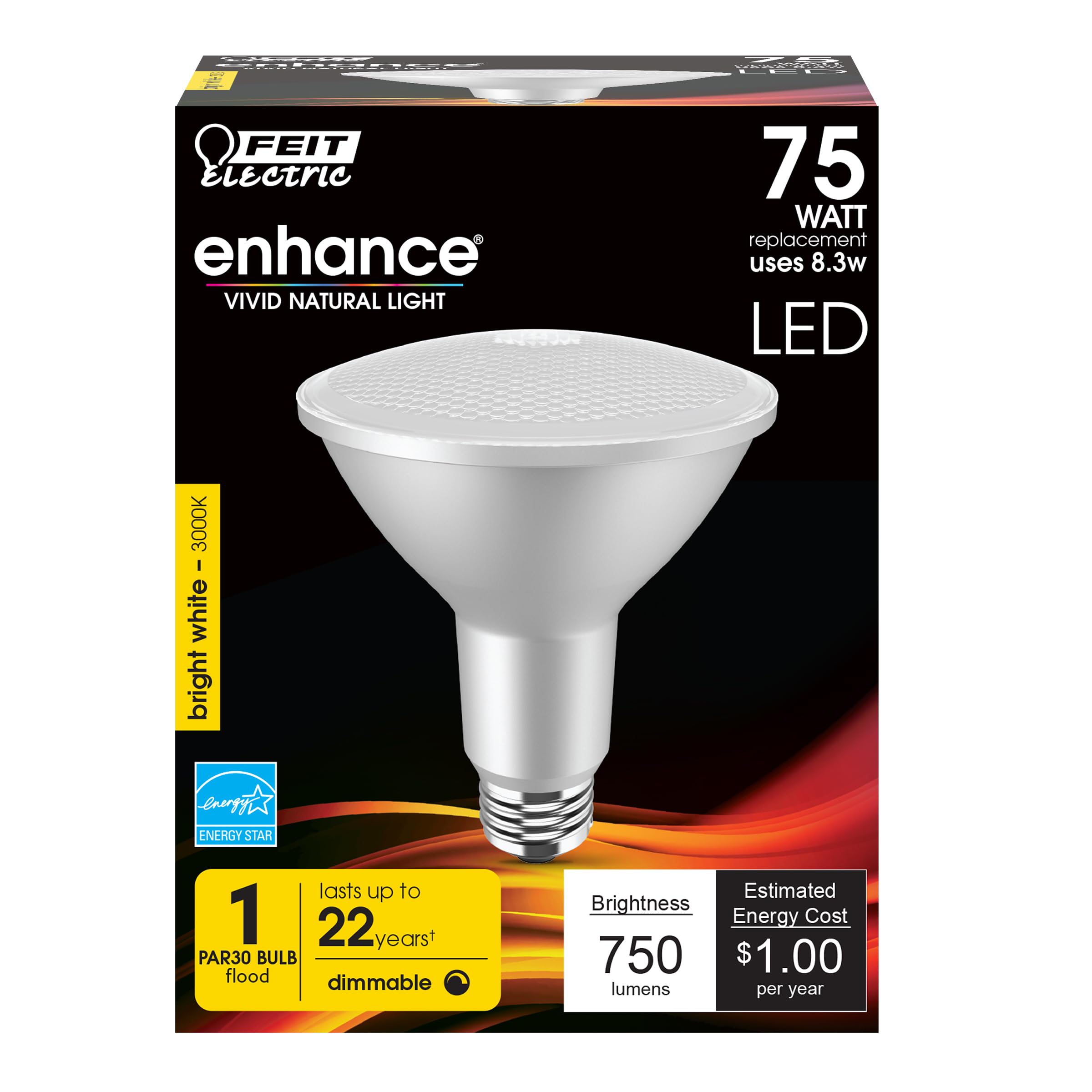 Feit Electric Led Par30L Bulb, 75W Equivalent, Dimmable, 3000K Warm White, 750 Lumens, 22 Year Lifetime, E26 Base, Par30 Flood L