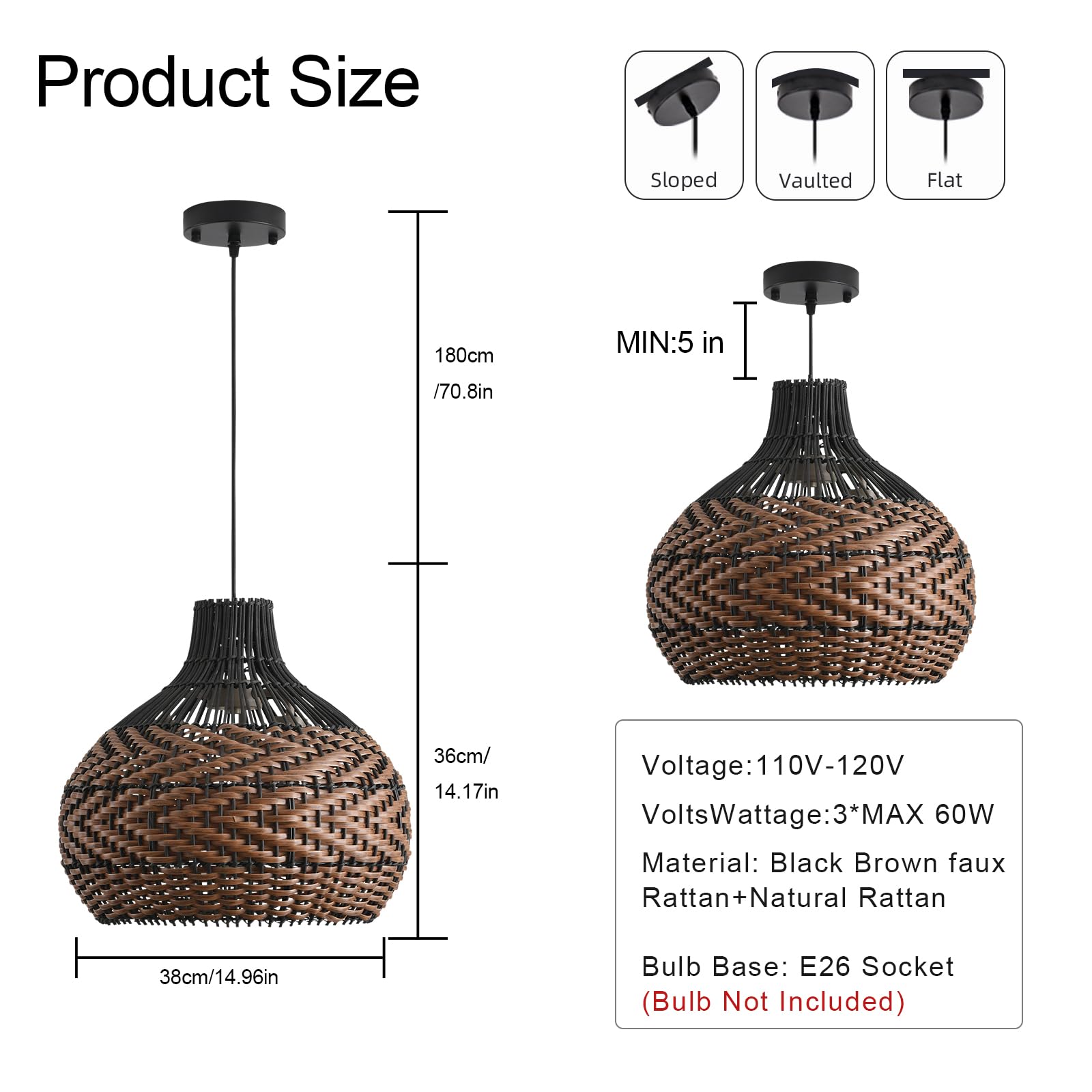 Teru Ji Kaikang 15" Rattan Pendant Light, 3-Light Hand-Woven Boho Chandelier, Black Brown Faux Rattan for Living Room, Kitchen, Dining