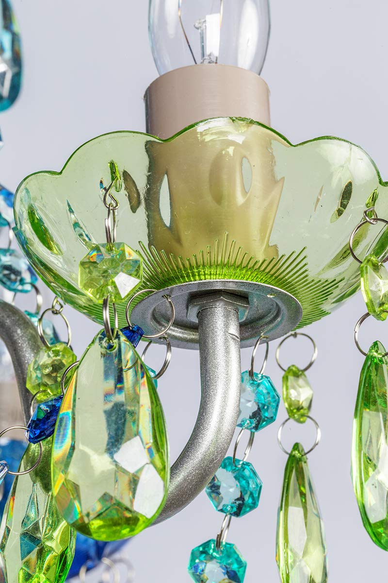Gypsy Color Plug-In 3-Light Chandelier, Blue Green Glass, Silver Metal Frame, H17”Xw12”, Model Gymibg