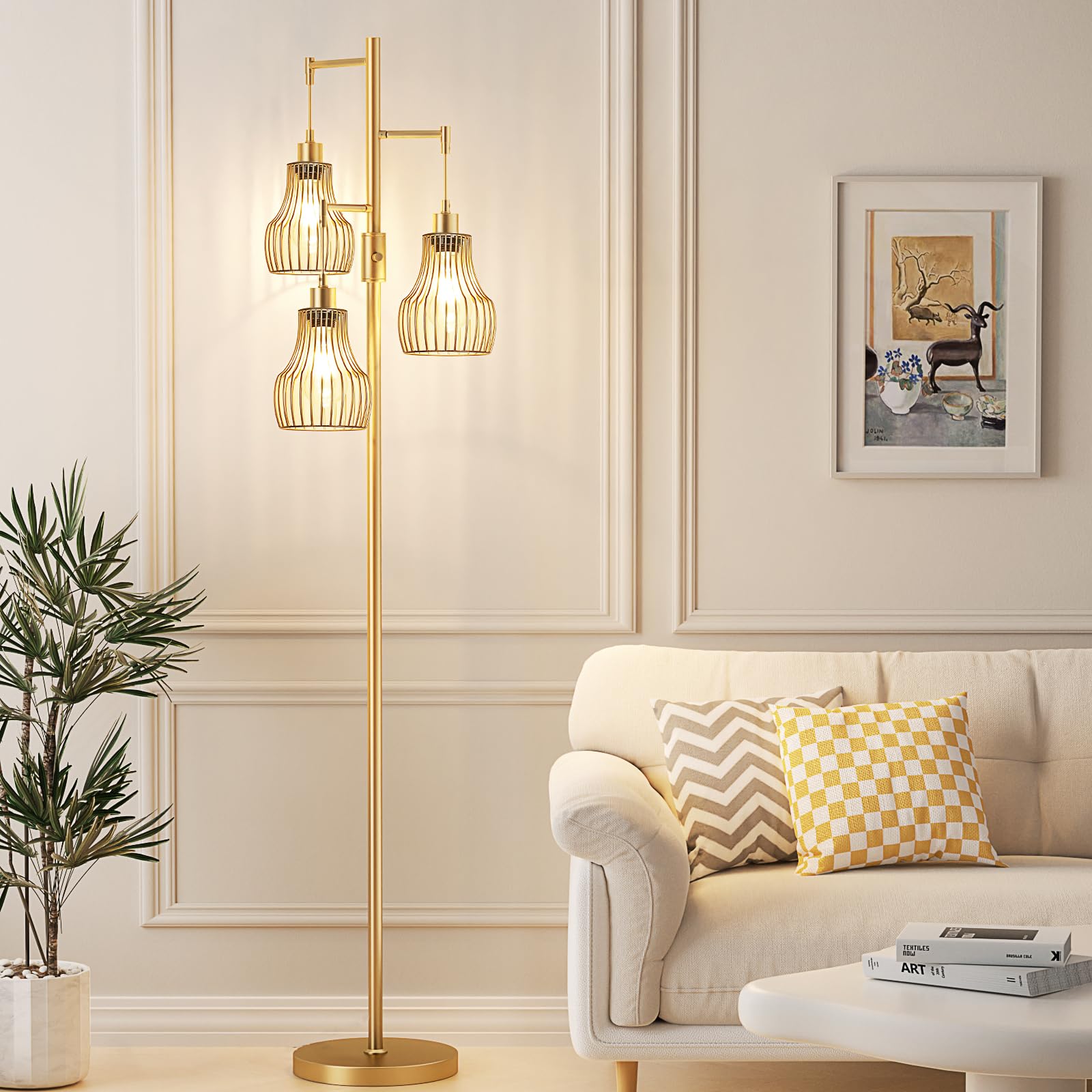 Ziisee Dimmable Gold Floor Lamps for Living Room, Industrial Tree Standing Tall Lamps with 3 Elegant Cage Shade & 800 Lumens LED