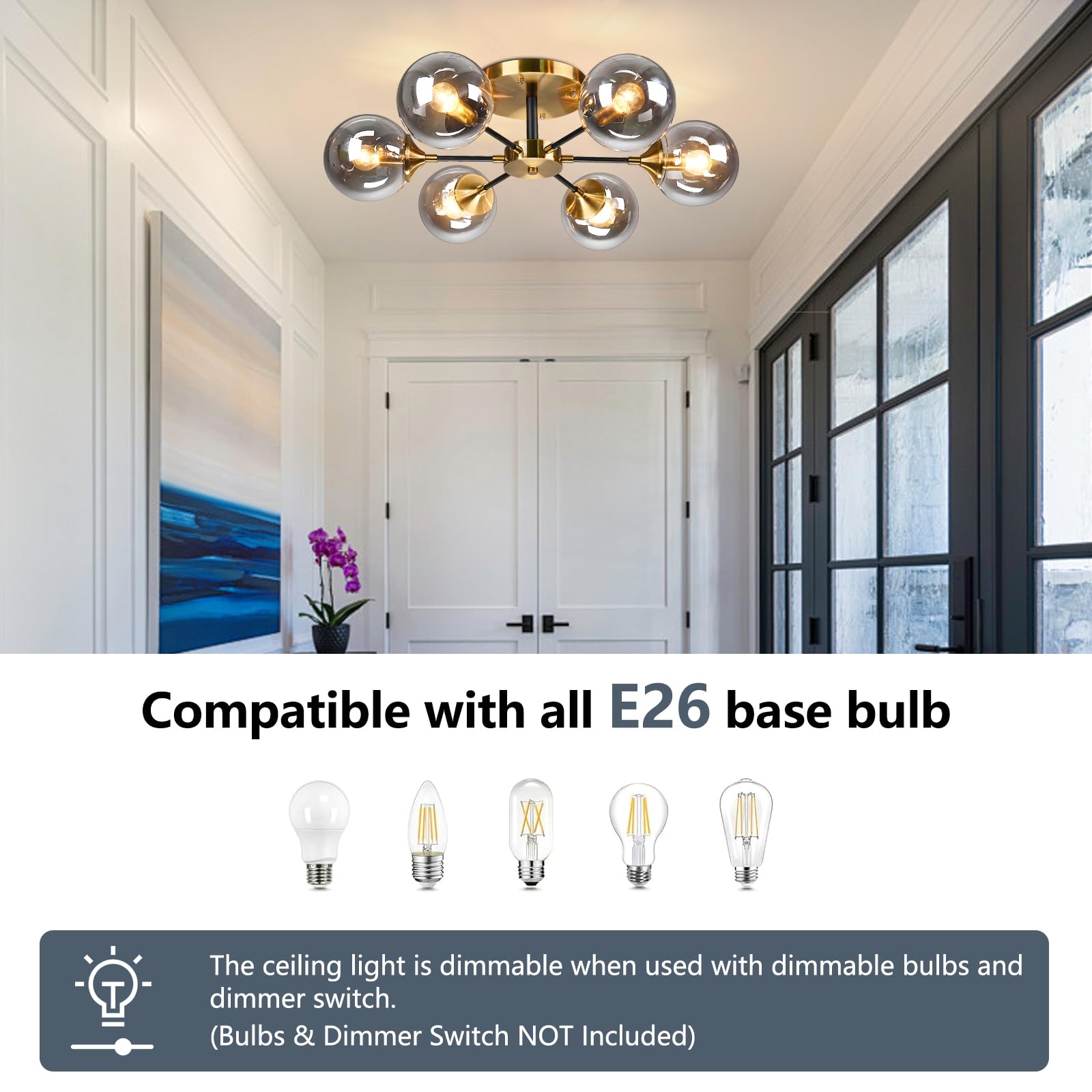 Kco Lighting 6-Light Modern Gold Globe Ceiling Light Brushed Brass Metal Close To Ceiling Lighting Fixture Bathroom Mid Century