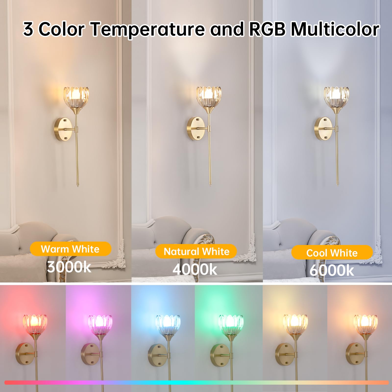 Shenmoyl Battery Operated Wall Sconce Set of 2, Amber Tulip Glass Light Fixture, Rechargeable, Remote, Living Room, Bathroom