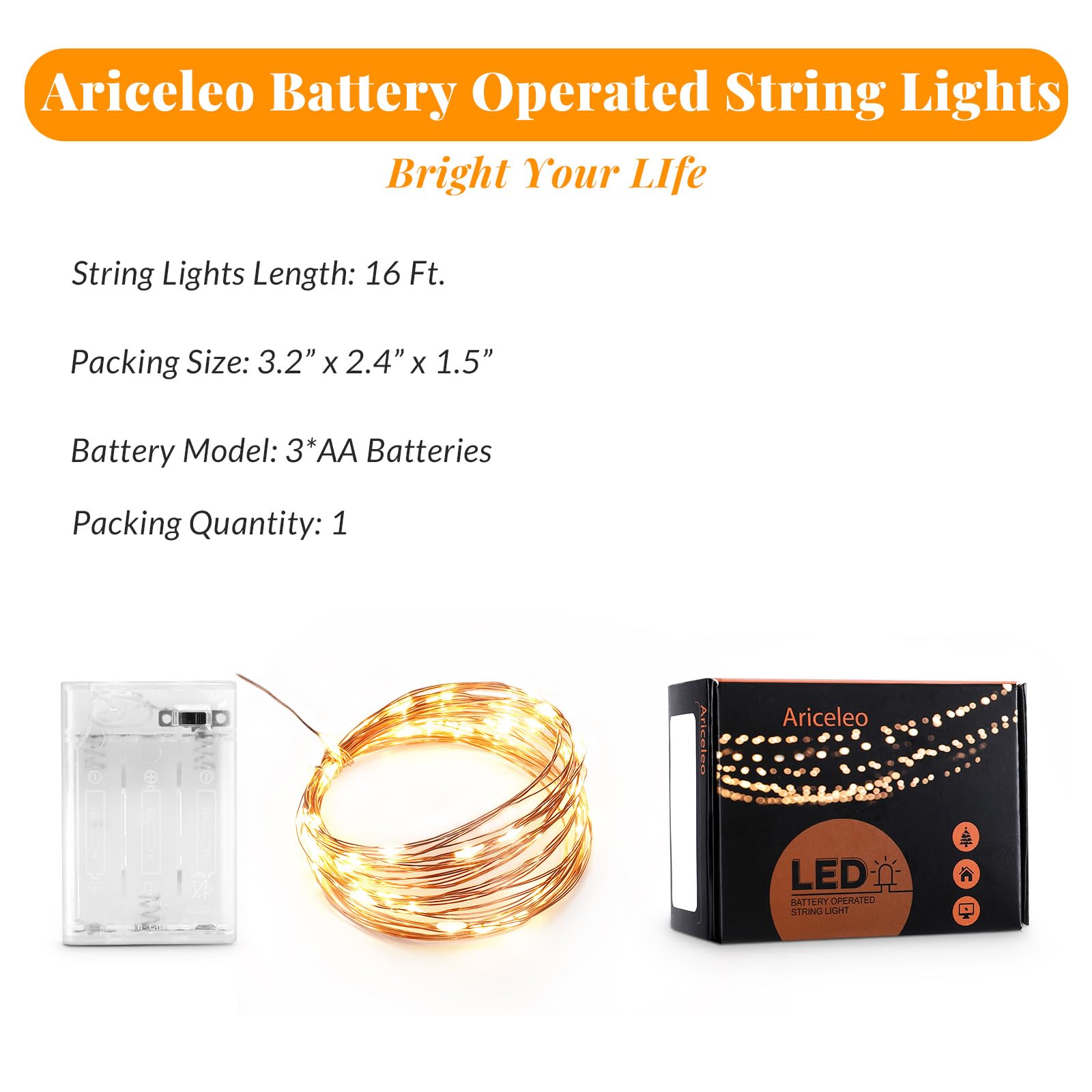 Ariceleo 16ft Warm White LED Fairy Lights - Battery Operated Mini Copper Wire String Lights for Bedroom, Christmas, Parties, Wedding Decor