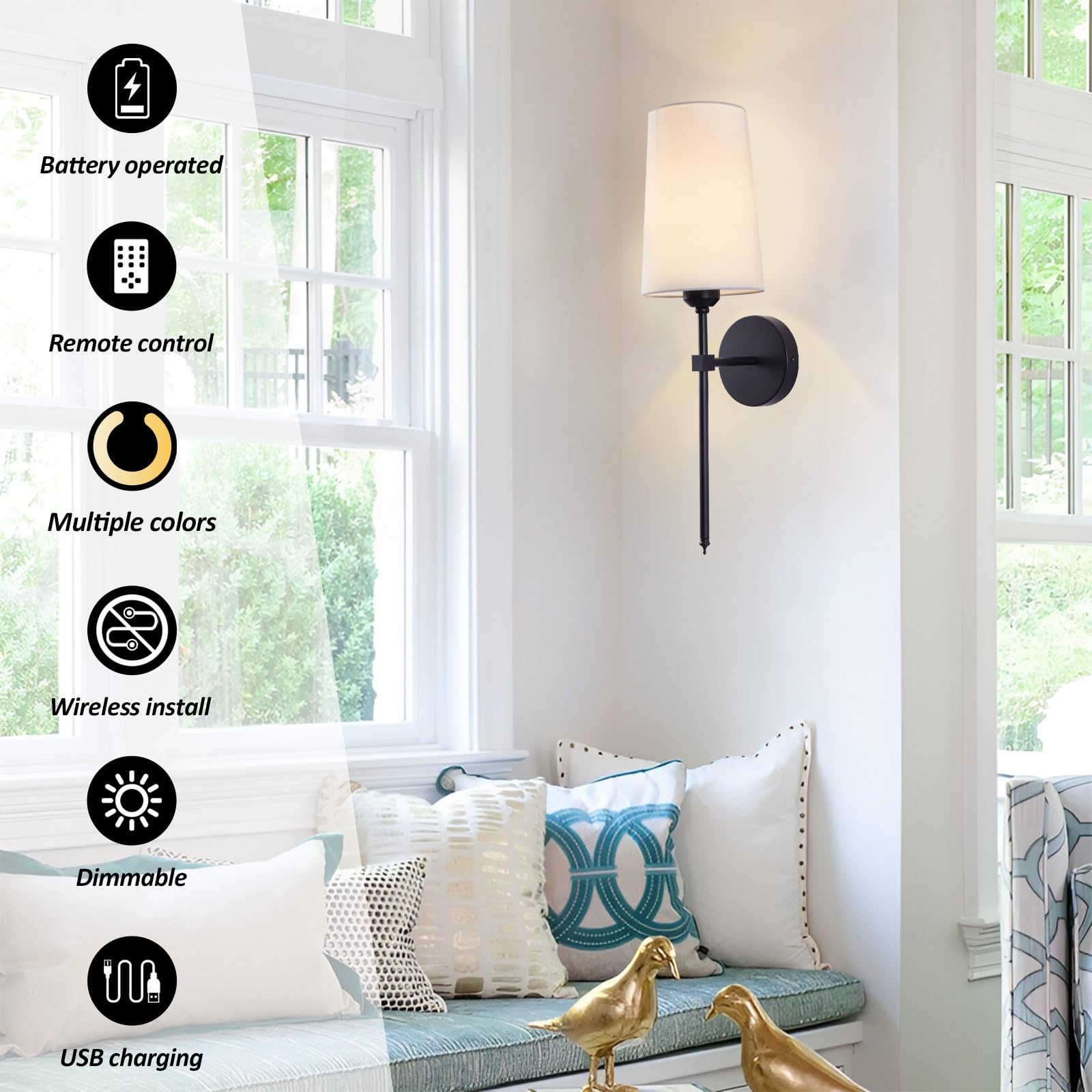 CCKZQYR Battery Operated Wall Sconces, Black, Rechargeable with Remote Control, Dimmable, Set of 2, Ideal for Bedroom and Living Room
