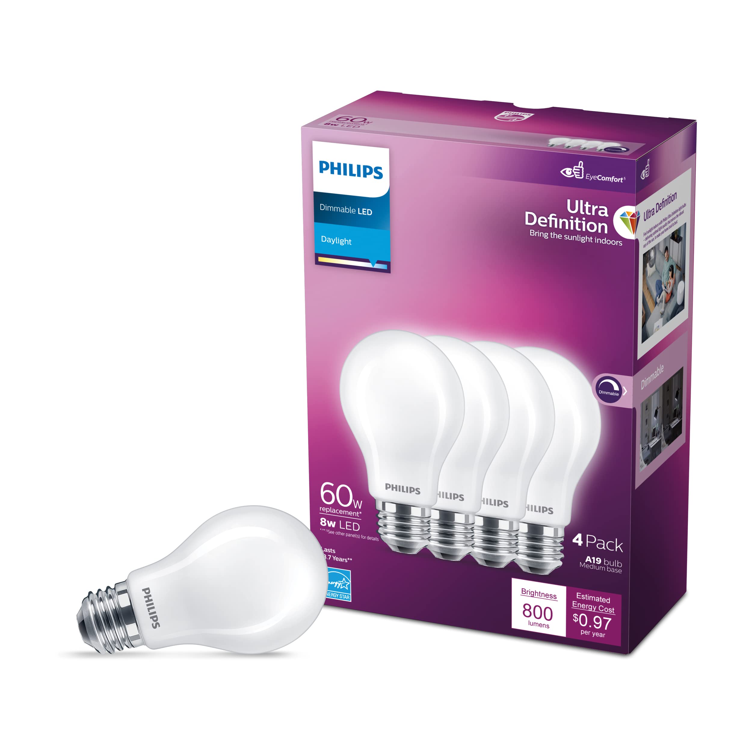 Philips LED A19 Light Bulb, 800 Lumen, Dimmable, Daylight (5000K), E26 Base, 4-Pack, Glass, Model 576132