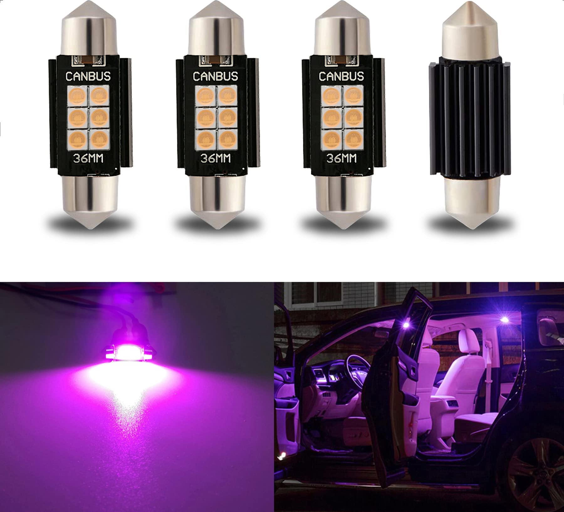 iBrightstar Festoon LED Bulbs 6411 6418 C5W 36mm Purple, Error Free for Interior Dome Map License Plate Lights