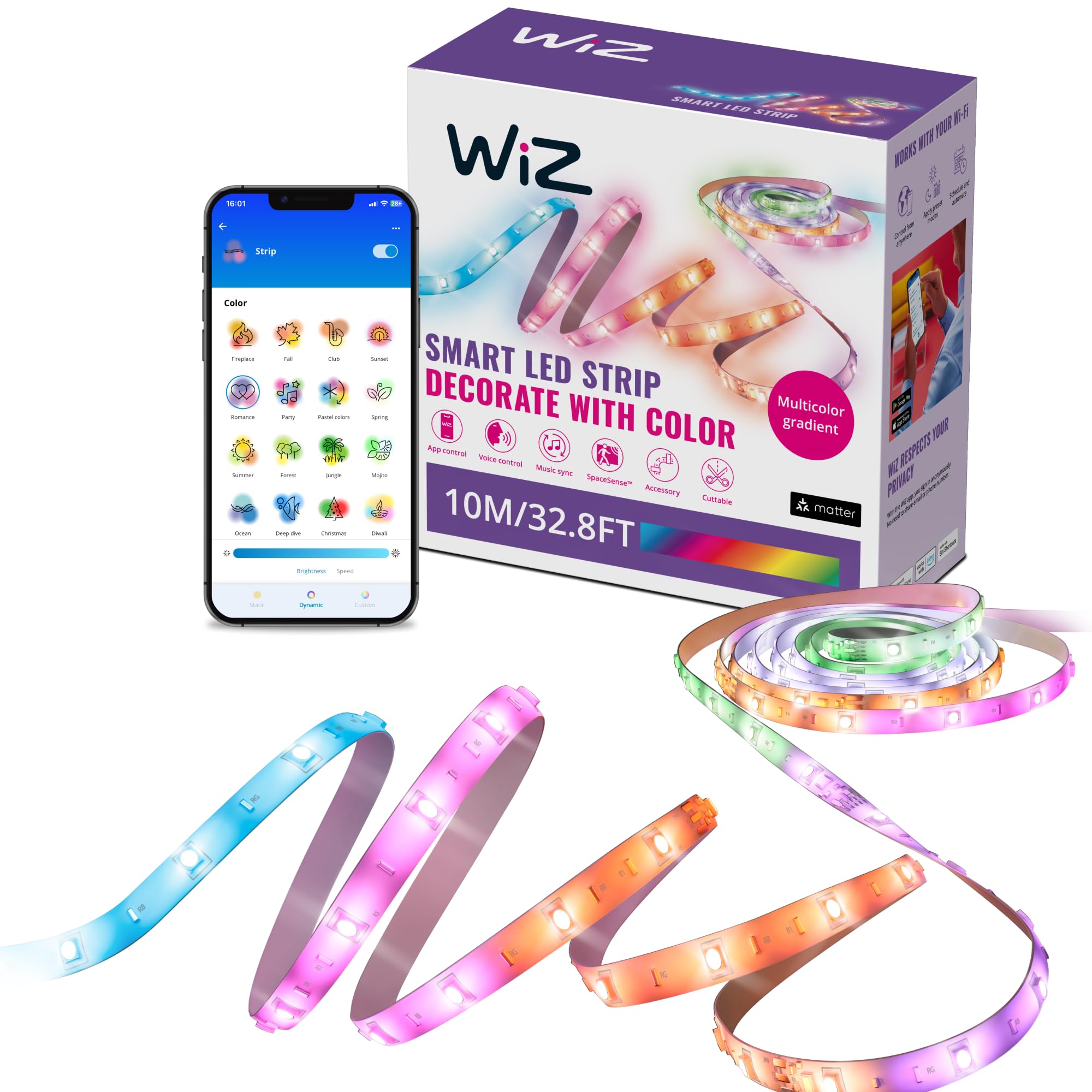 WiZ Connected LED Light Strip - 32.8 ft RGBIC Color-Changing, Voice/App Control, Works with Google Home, Alexa, HomeKit, Model 605584