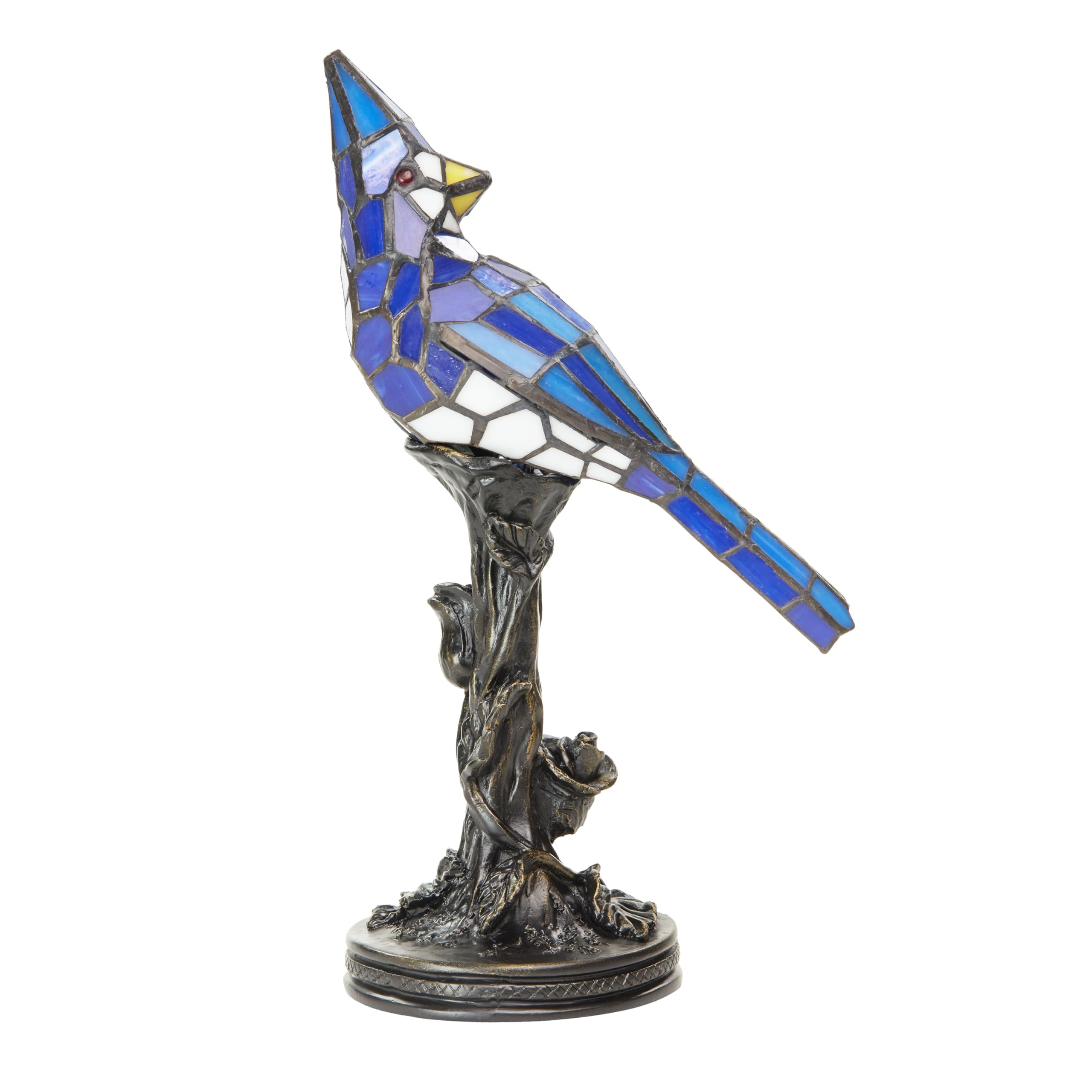 RIVER OF GOODS Stained Glass Bird Accent Lamp - 8in W x 13.5in H - Cardinal Decor - Tiffany Style - Model 13281 - Blue Jay
