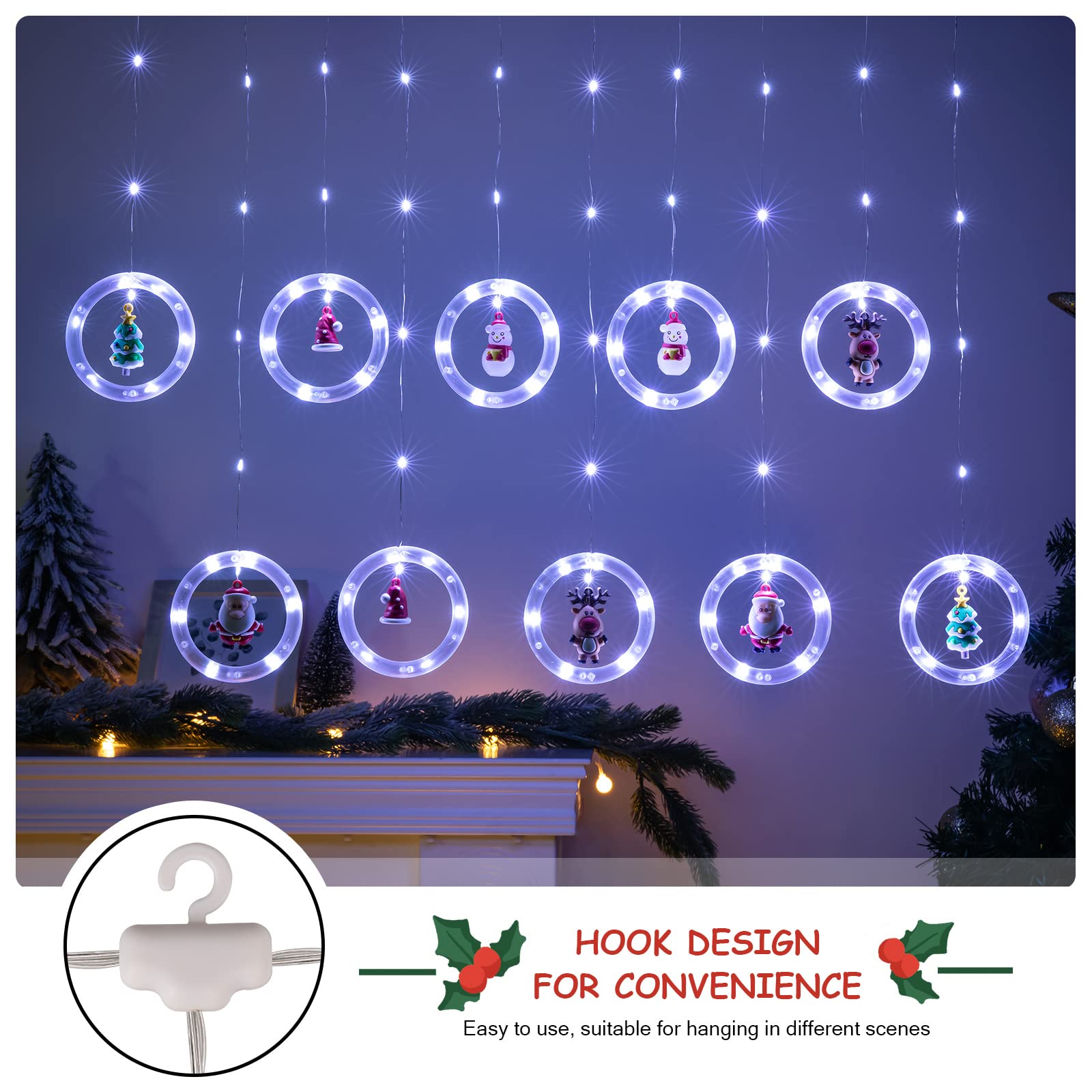 Bloomwin Window Lights Christmas Decor Ring Lights With Ornament Led Curtain Lights Indoor Outdoor Usb 9.8Ft Cold White Christmas String Lights Hanging 3D Novelty Xmas Tree Home Garden Decorations