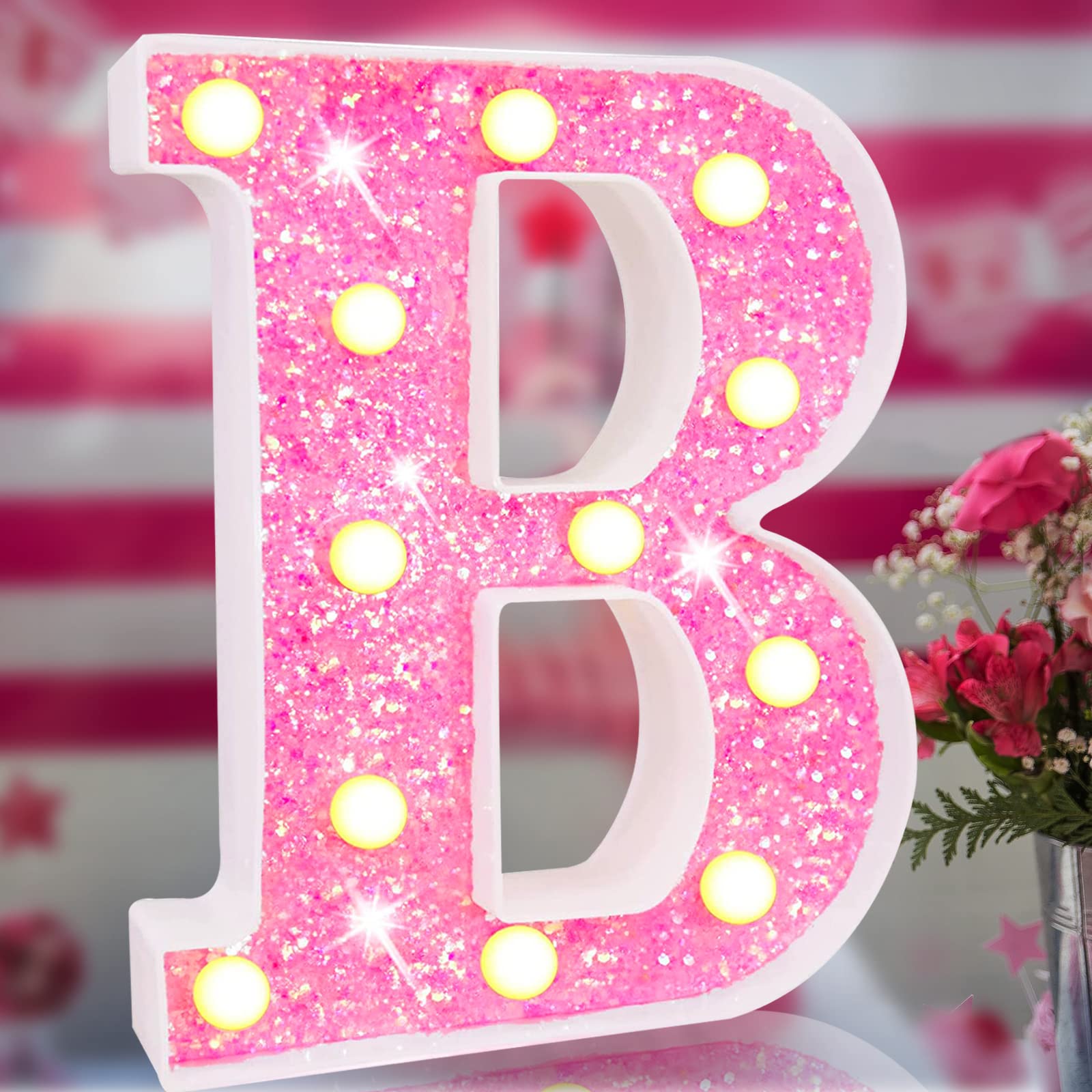 Elnsivo Pink Led Marquee Letter Lights, Glitter Alphabet Sign, Battery Powered Night Light For Girls Bedroom, Party & Home Decor