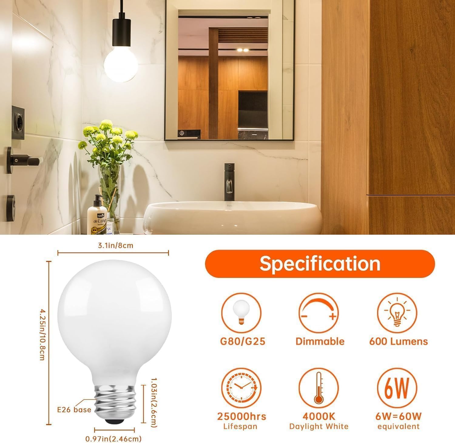 Omed G80/G25 Dimmable Vanity Light Bulbs Daylight White 4000K, 6W Led Globe Light Bulbs 60 Watt Equivalent, 600 Lumens Bright Wh