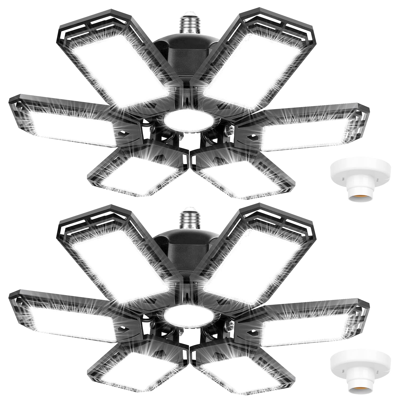 Luyata 2 Pack LED Garage Lights 180W 18000LM Black Alloy Steel E26/E27 Deformable with 6 Adjustable Panels