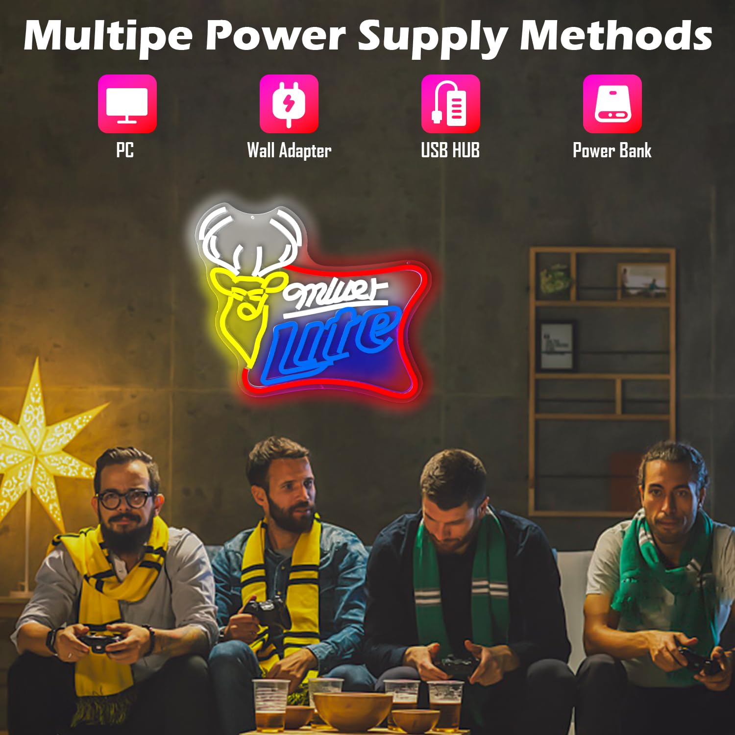 JooeTuu Dimmable Beer Neon Sign - Yellow Deer Wall Decor for Man Cave, Bar, Pub, Bistro - Miller Lite Lighted Sign