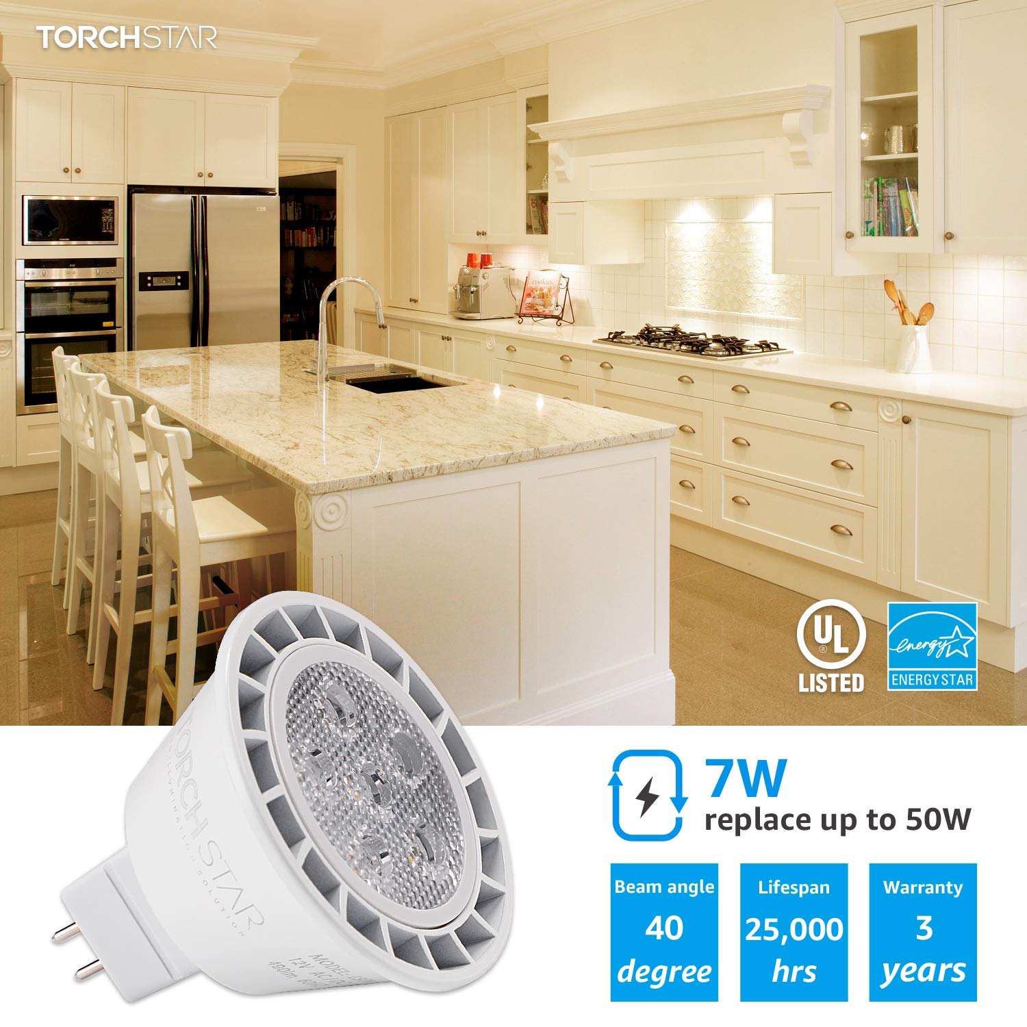 Torchstar Mr16 Led Bulb Dimmable, Aluminum, 12V 7W, Gu5.3 Bi-Pin Base Mr16 Led Spotlight, Ul & Es Listed, Led Mr16 Light Bulbs For Recessed Track Lighting, 3000K Warm White, Pack Of 6