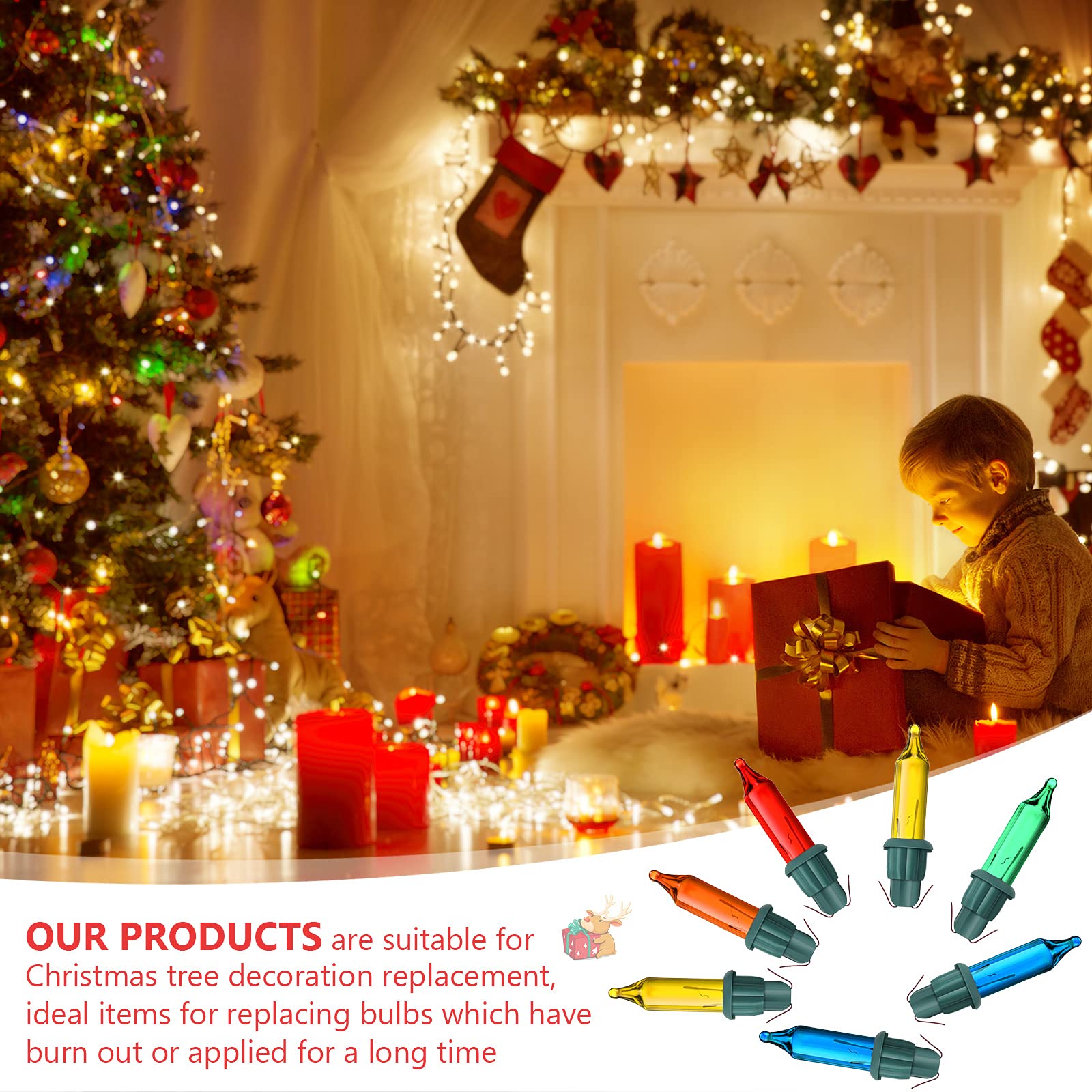 Mudder Christmas Mini Light Bulbs, Incandescent Glass, 50 Count, Red/Orange/Green/Blue/Yellow, 2.5V, 0.17A, Green Base