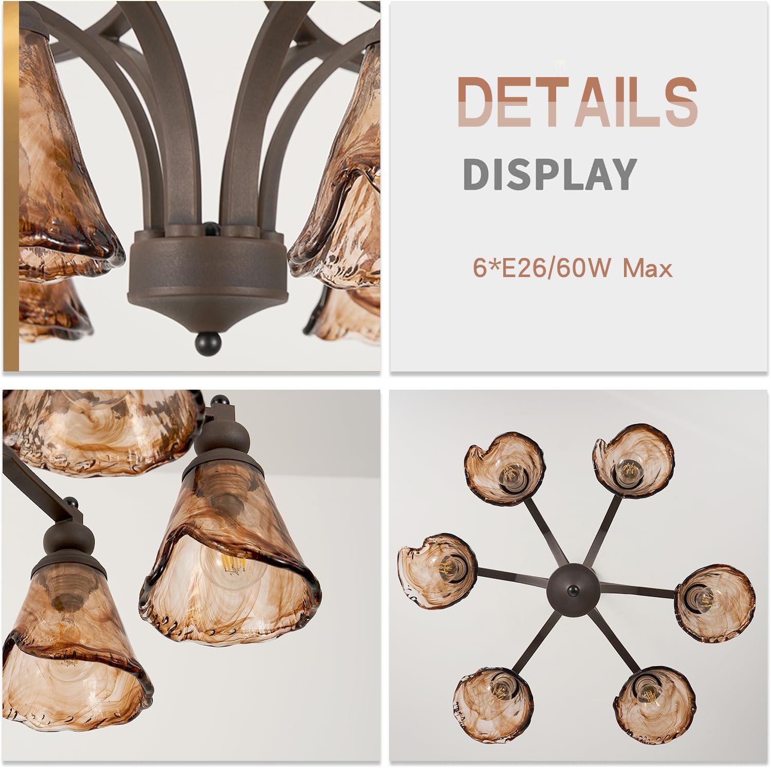 Lanpesting Vintage Farmhouse Chandelier  27 Inch Adjustable Amber Glass Rust-Finish Metal Pendant Light Fixture For Living Room  Bedroom  Dining Room  Kitchen Lighting (6-Light)