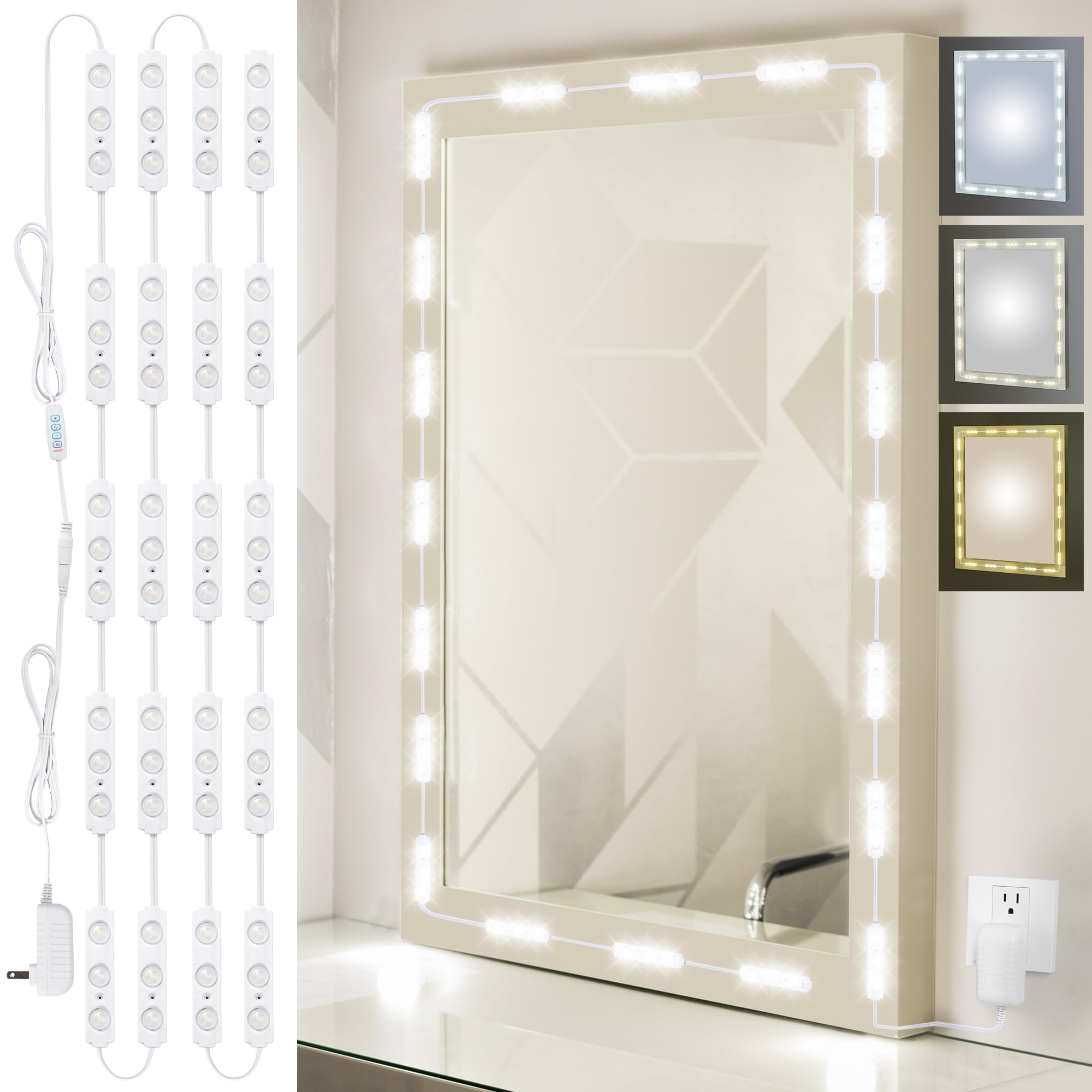 LPHUMEX LED Vanity Mirror Lights, 3 Color 20pcs*3LEDS 12V Hollywood Style Makeup Lights Stick on, Bright Dimmable with Power Ada