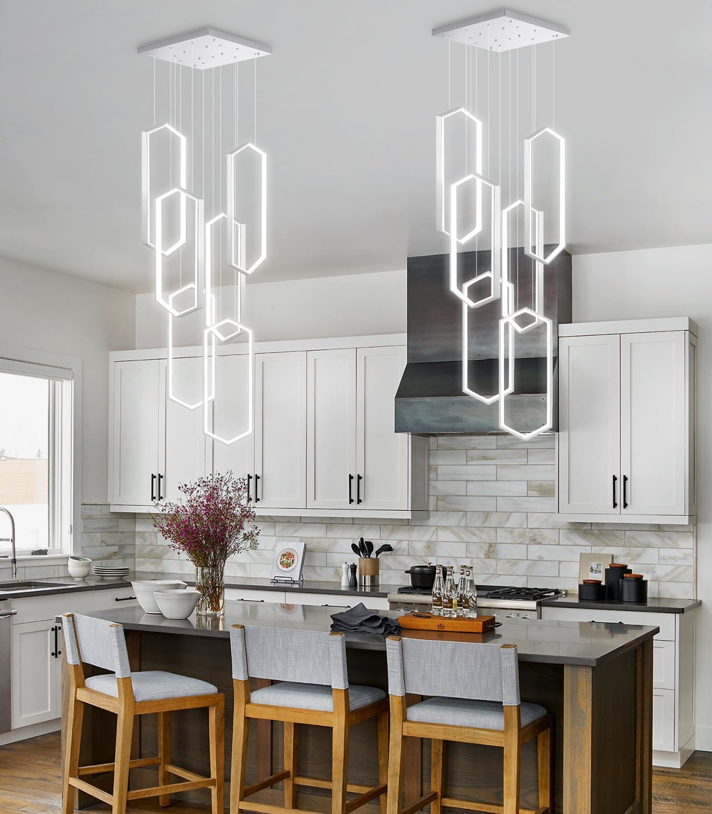 dolria 6 Rings Chandelier LED Pendant Light, Dimmable, Flush Mount, Metal, 20in x 9.4in x 78in, Silver, Model PC1015-