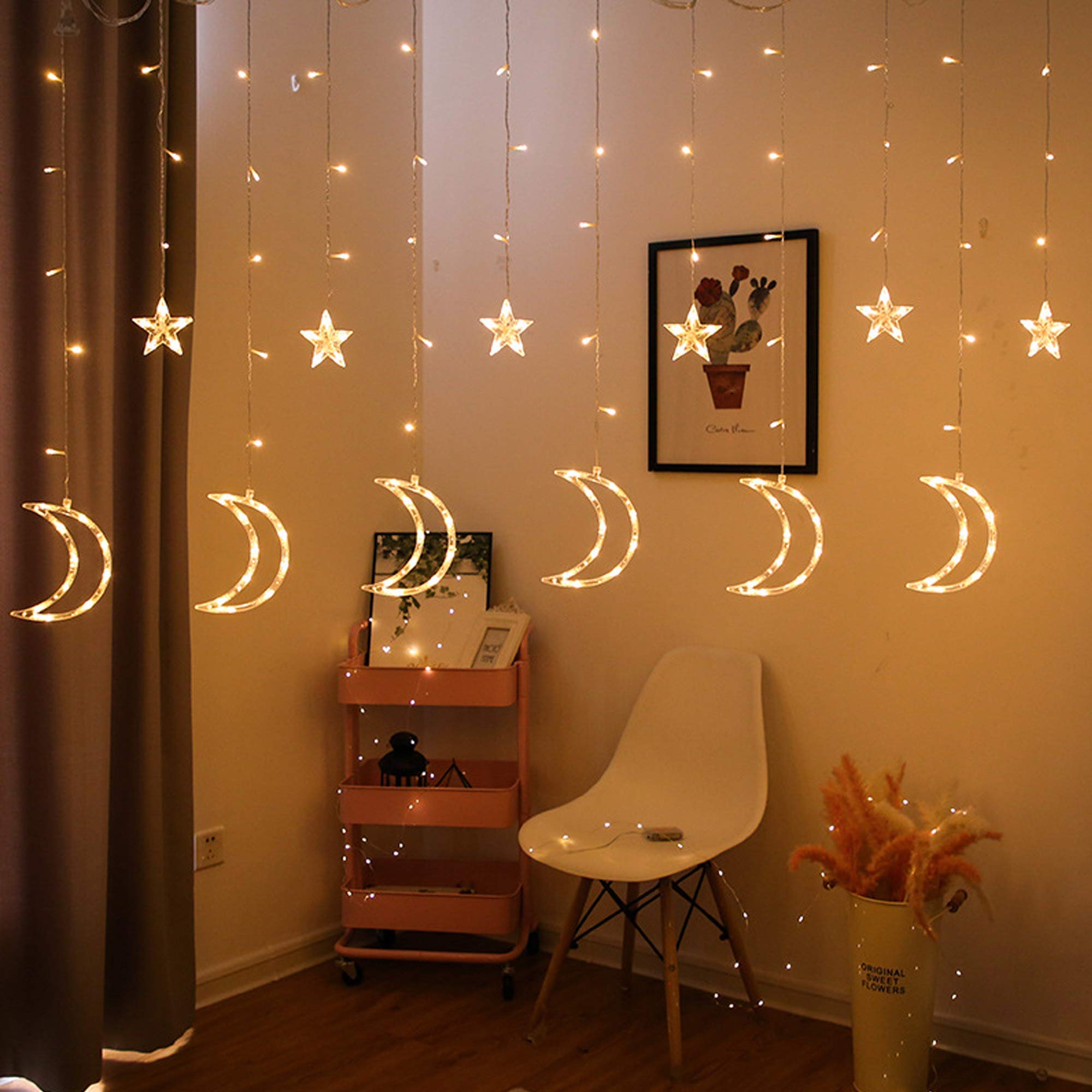 Dazzle Bright Ramadan Curtain String Lights, 138 Led 6.7Ft X 3.2Ft Warm White Star Moon 8 Lighting Modes Fairy Lights With Remote For Bedroom Wall, Wedding, Outdoor Party, Ramadan Decorations