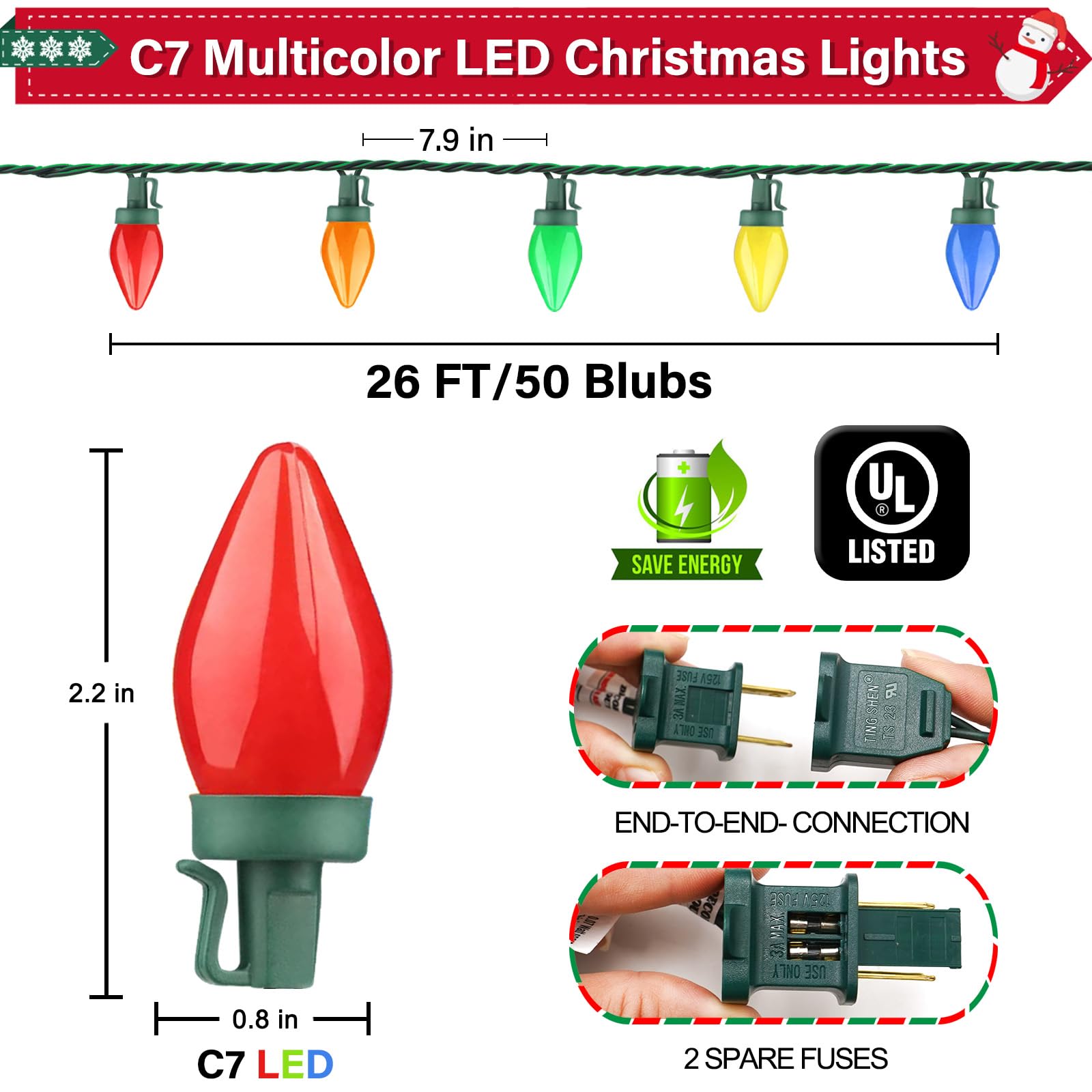 Supernoor 50Led C7 Christmas Led String Lights, 26Ft C7 Vintage Christmas Lights C7 Colorful Light Bulbs C7 Christma String Ligh