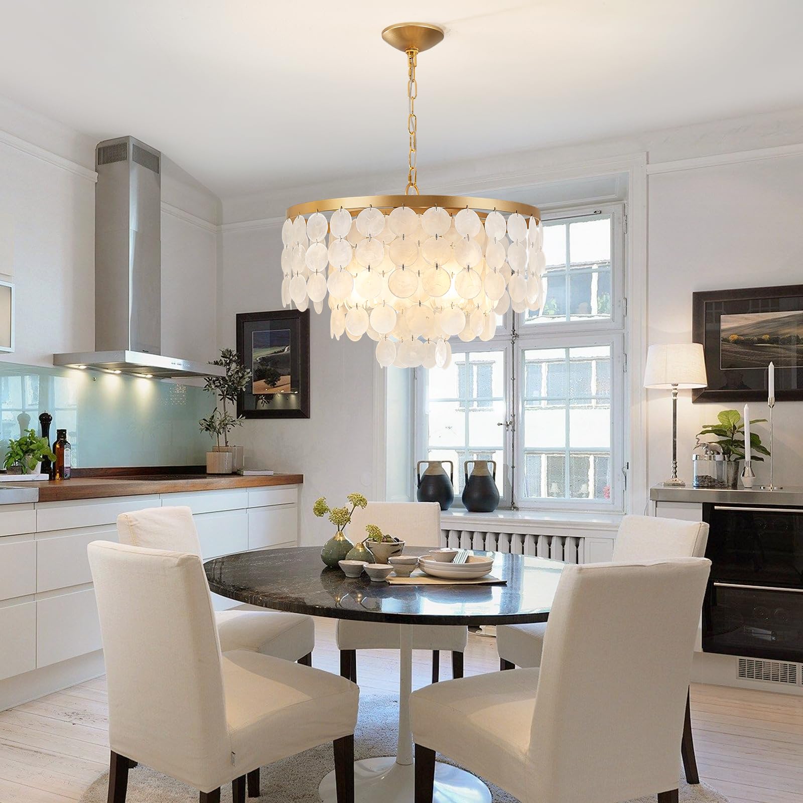 HLMRCHEN Shell Chandelier, 4-Light Capiz Pendant Light Fixture, White & Gold, Model F092-450 for Foyer, Kitchen Island, Dining Room