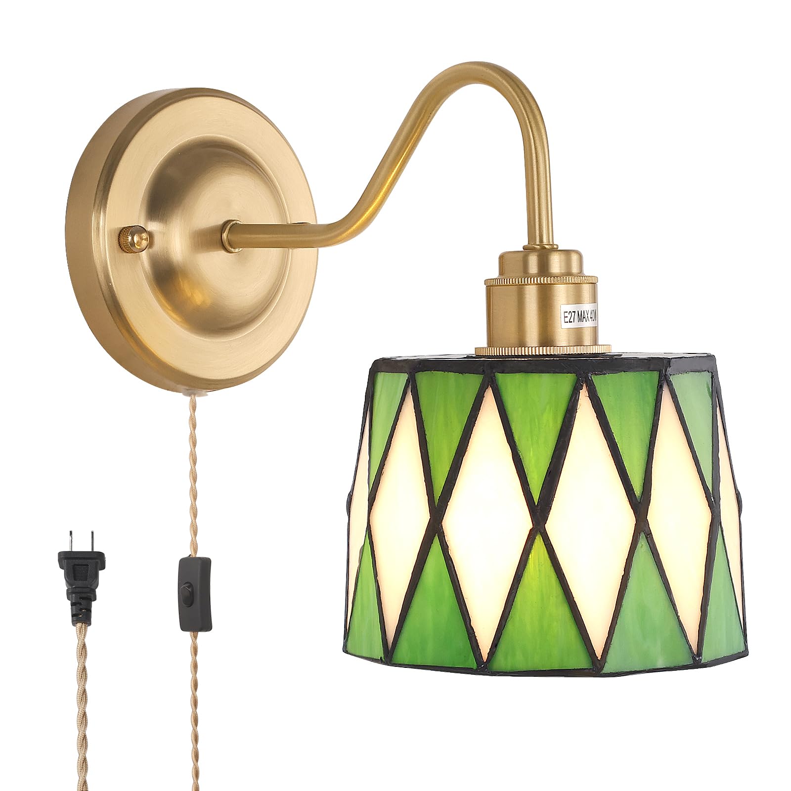 Shenmoyl Vintage Wall Sconce, Wall Mounted Lamps With Green Checker Sconce, Stained Glass Shade Gold Wall Lights Fixture With Plug In Cord And Switch For Bedroom Bathroom Living Room Hallway