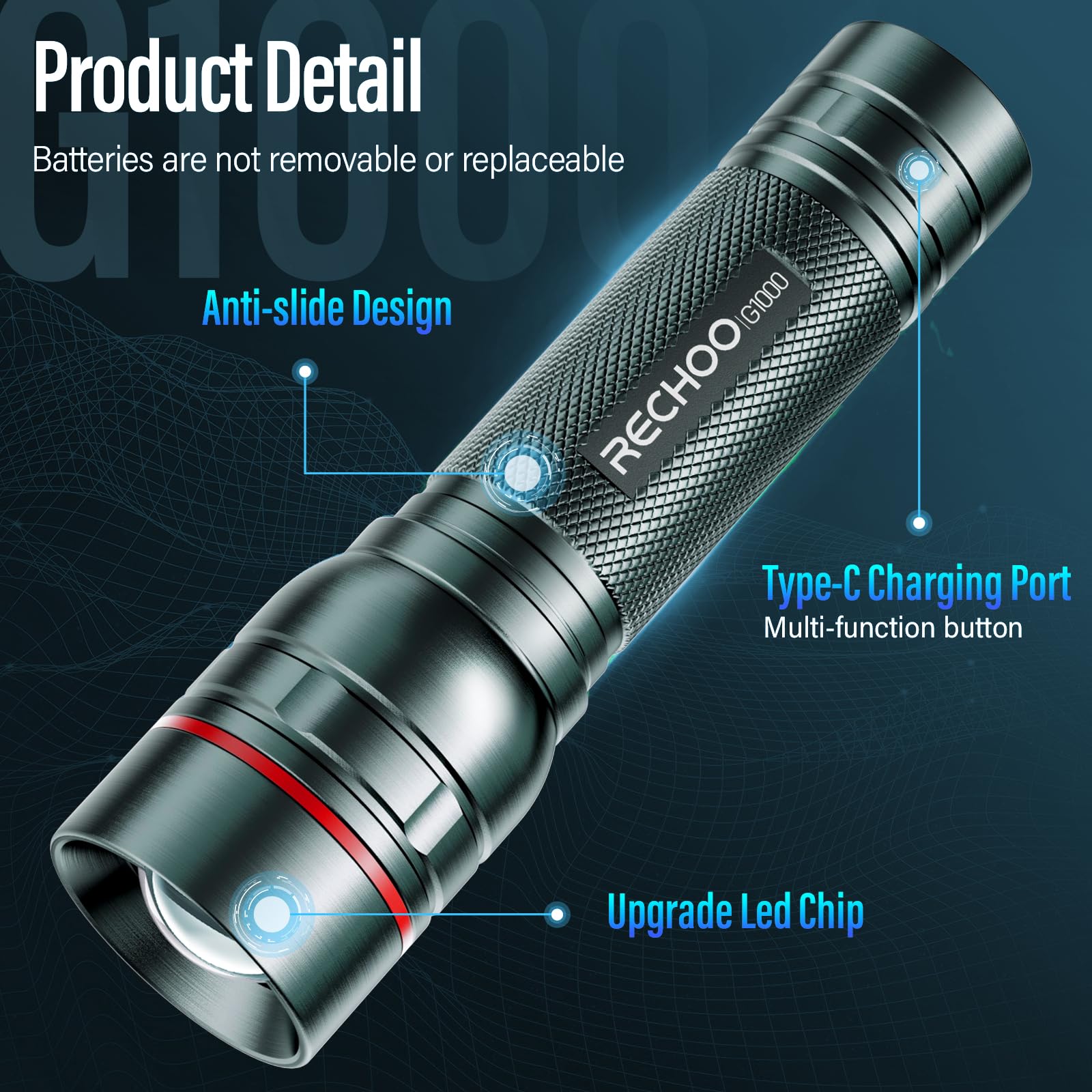 Rechargeable Flashlights High Lumens, G1000 Super Bright Flash Light Grey, Small Zoomable Led Flashlight With 3 Lighting Modes,