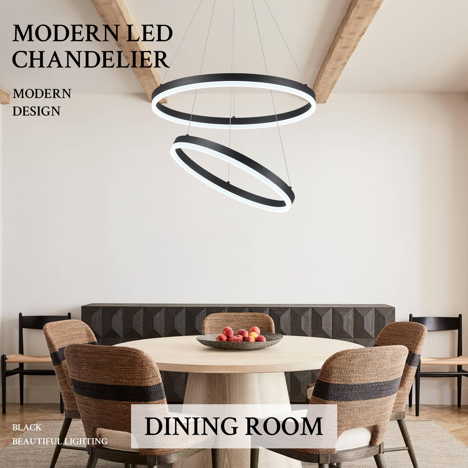 Sparklelf Modern LED Chandelier Pendant Light, Black, 2 Rings, Remote Control, Circular Flush Mount, 3000K-6500K for Living Room, Bedroom, Dining Room