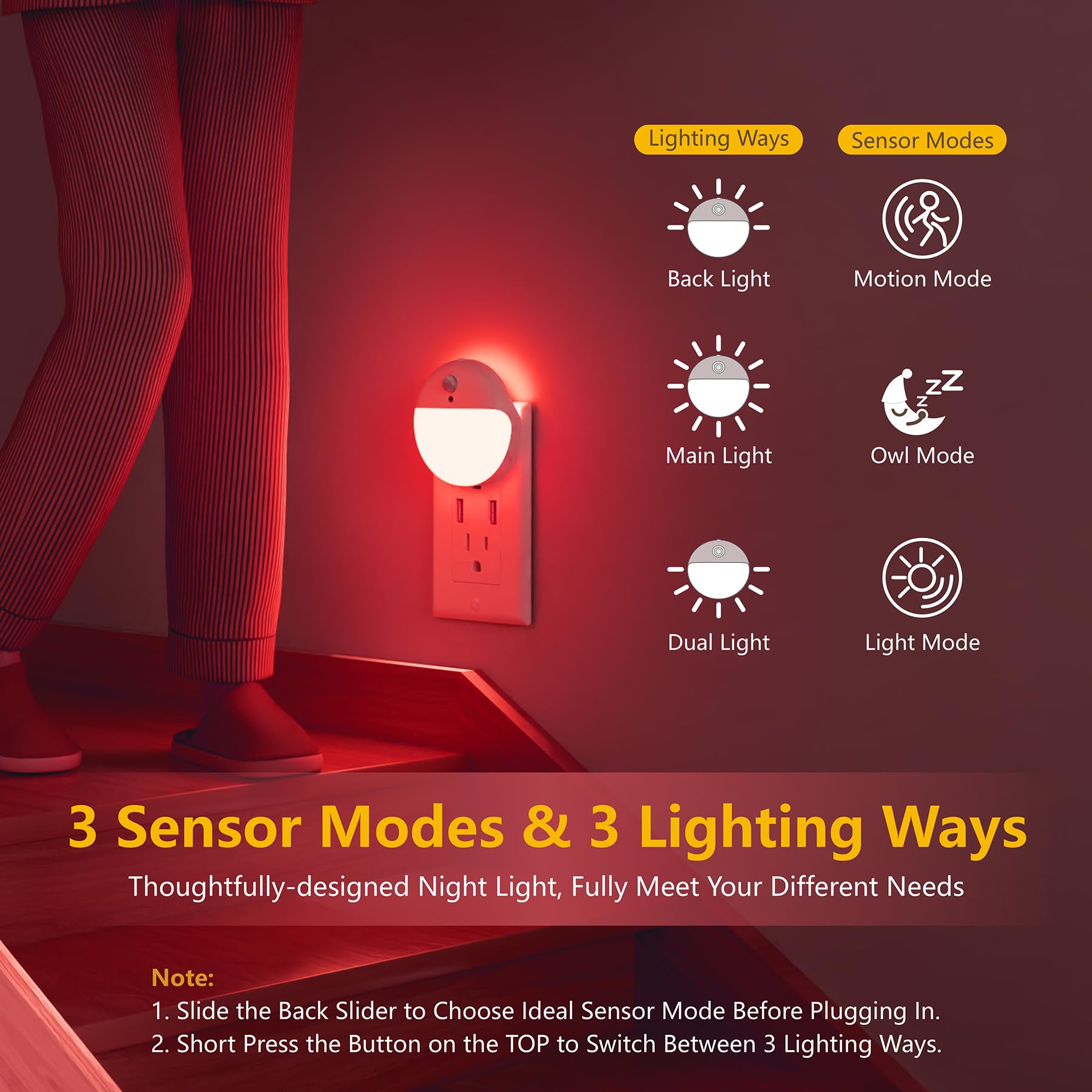 YUNLEX Night Light 2 Pack with Motion Sensor, Dusk to Dawn, Stepless Dimming, Red LED, 3 Sensor Modes, Plastic, Model NLS26