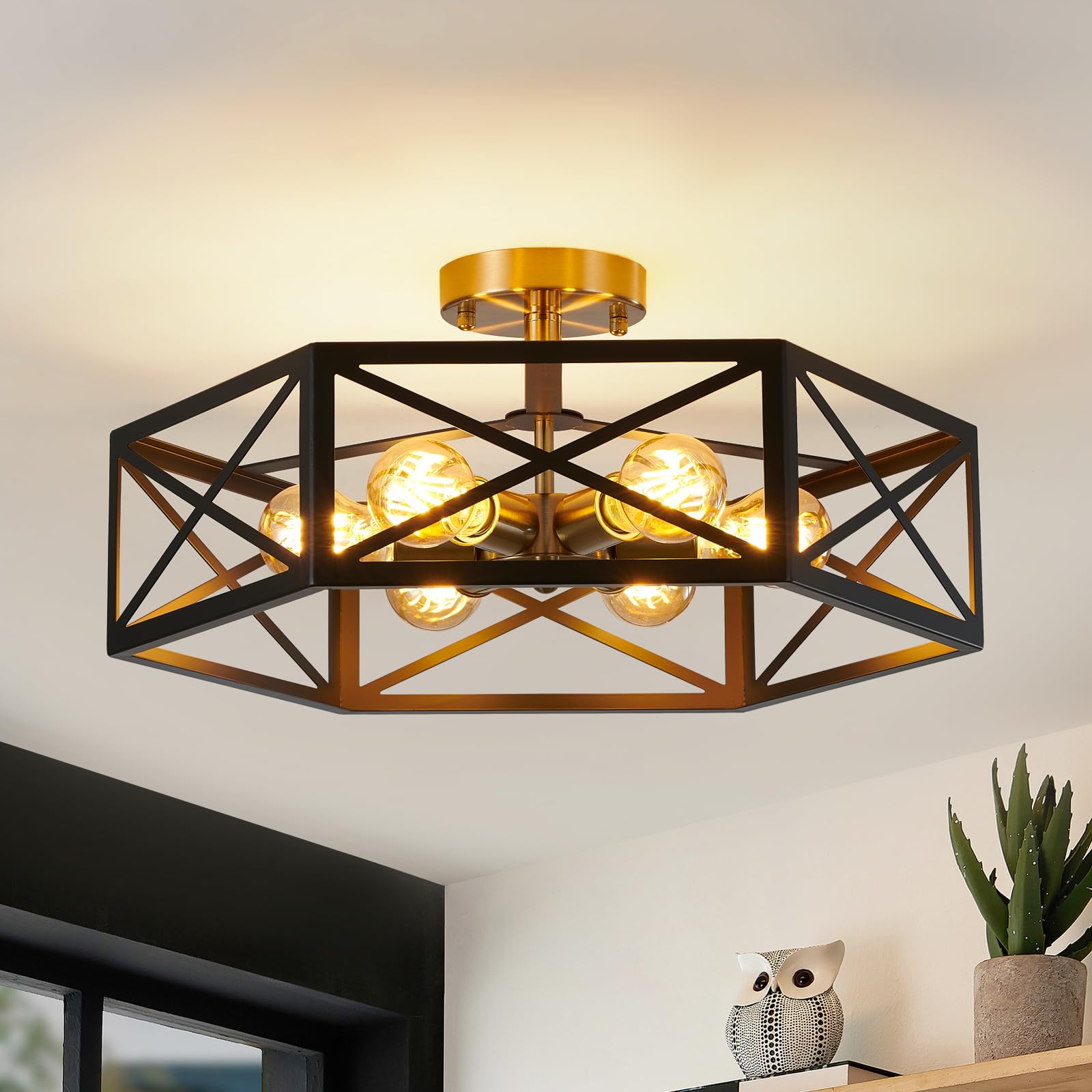 Xsdetu 6 Light Semi Flush Mount Ceiling Light, Black Gold Ceiling Light, Industrial Hallway Light Fixtures Ceiling Mount, Modern Metal Hexagon Cage Ceiling Lamp For Kitchen, Bathroom
