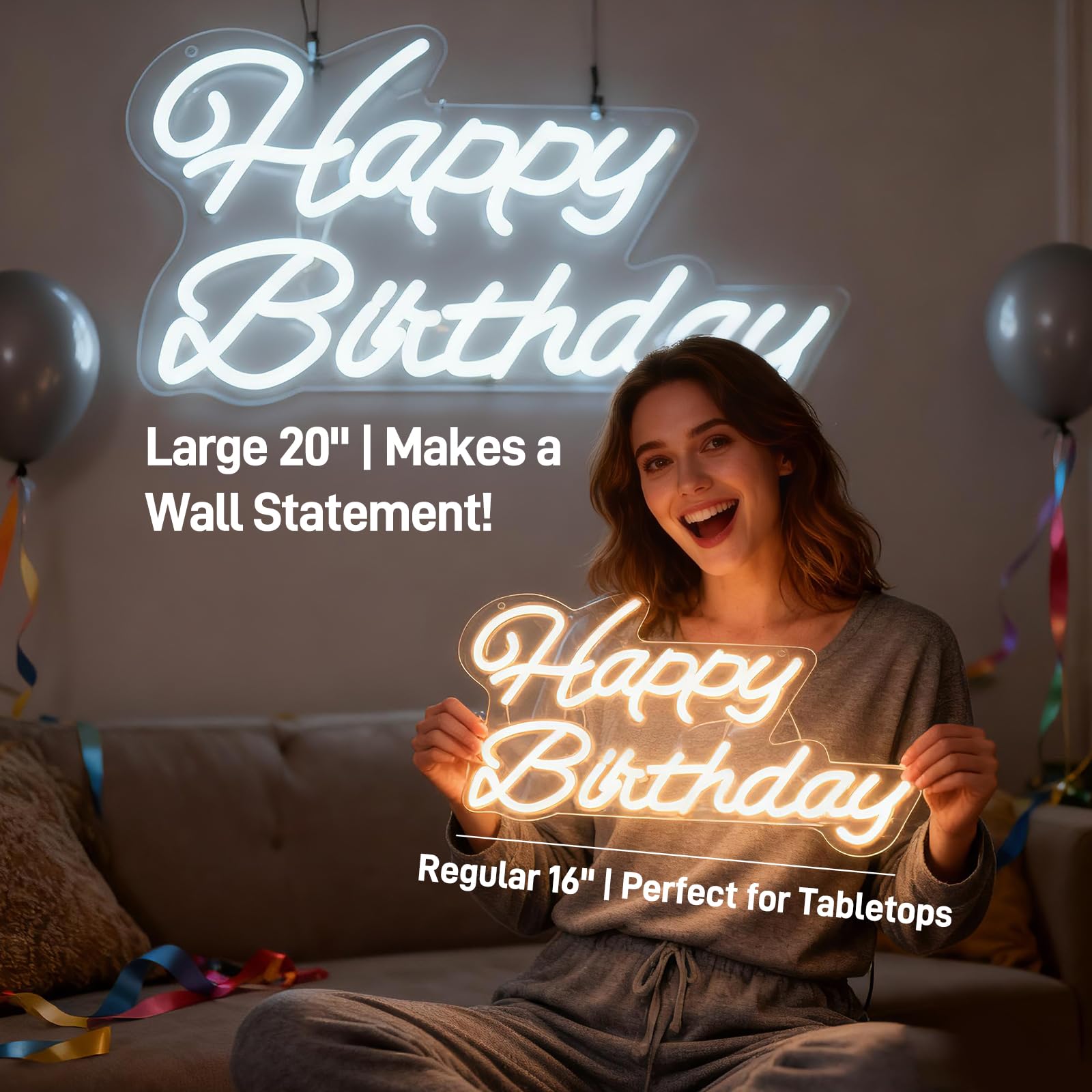 Neonawall Happy Birthday Neon Sign - 16 Inch White Led Light With Dimmable Switch For Party Decoration And Gifts