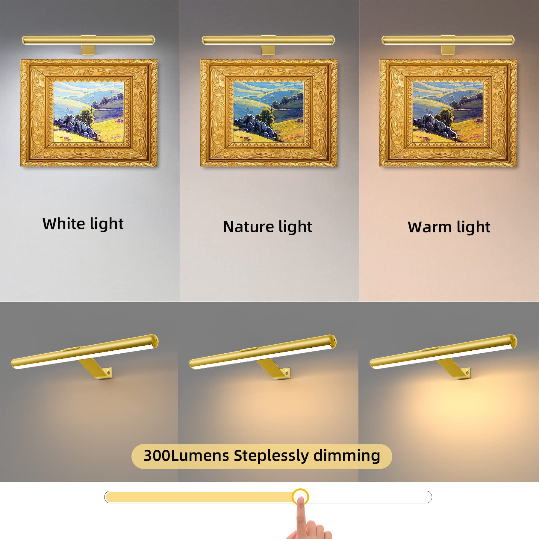 TINTINDOC 16'' Picture Light - Rechargeable LED Art Display Light, Dimmable 300LM, Full Metal, Gold Finish, Model YM-TY