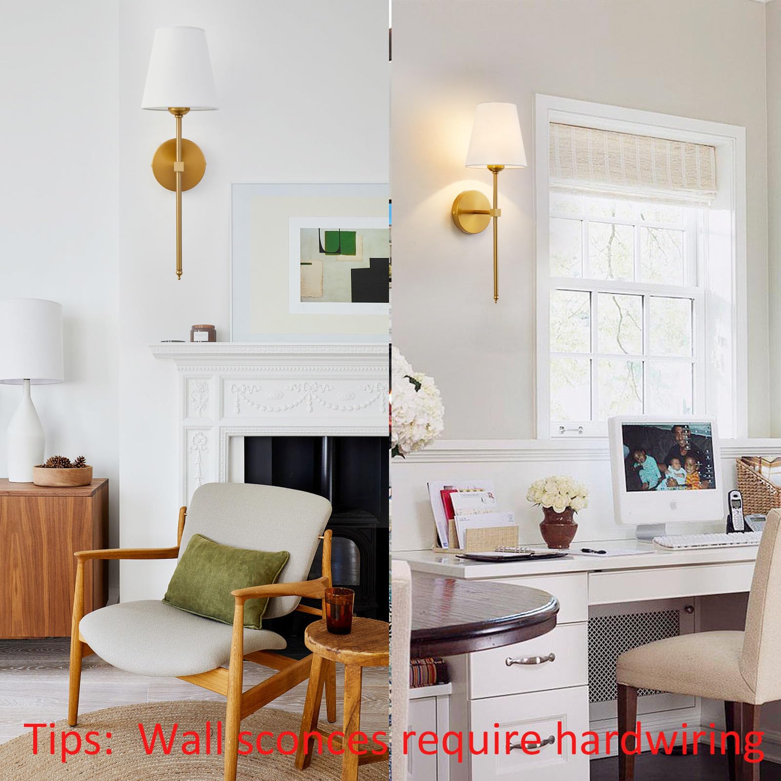 KUAUGST Wall Sconces Sets of 2, Retro Industrial Metal Lamps, Gold1, White Fabric Shade, Model Wall Sconces-002