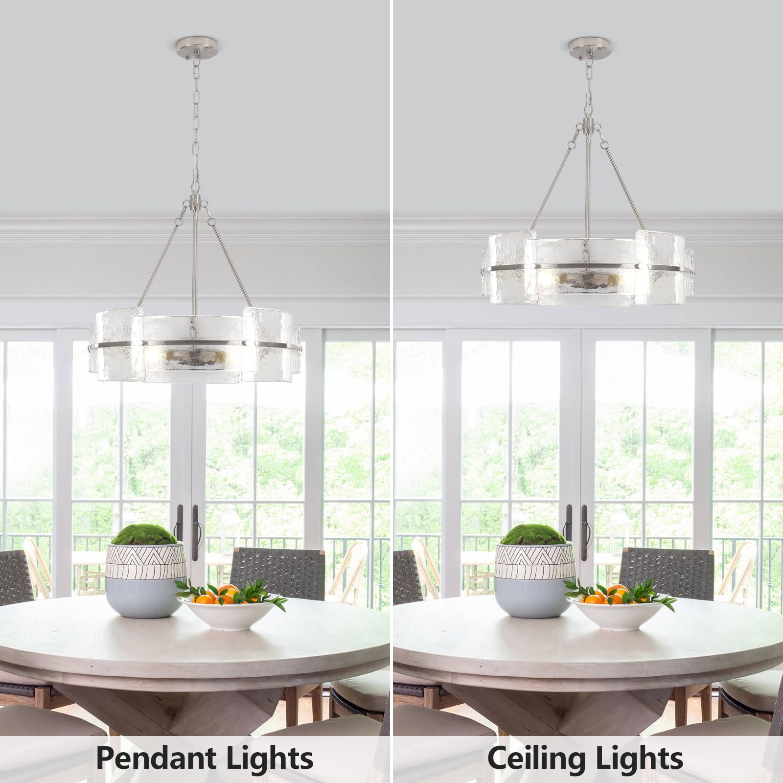 Corlaceling Modern Glass Chandelier, 22" Brushed Nickel Drum Light Fixture, Textured Glass Water Ripple Design for Dining Room, Foyer, Bedroom