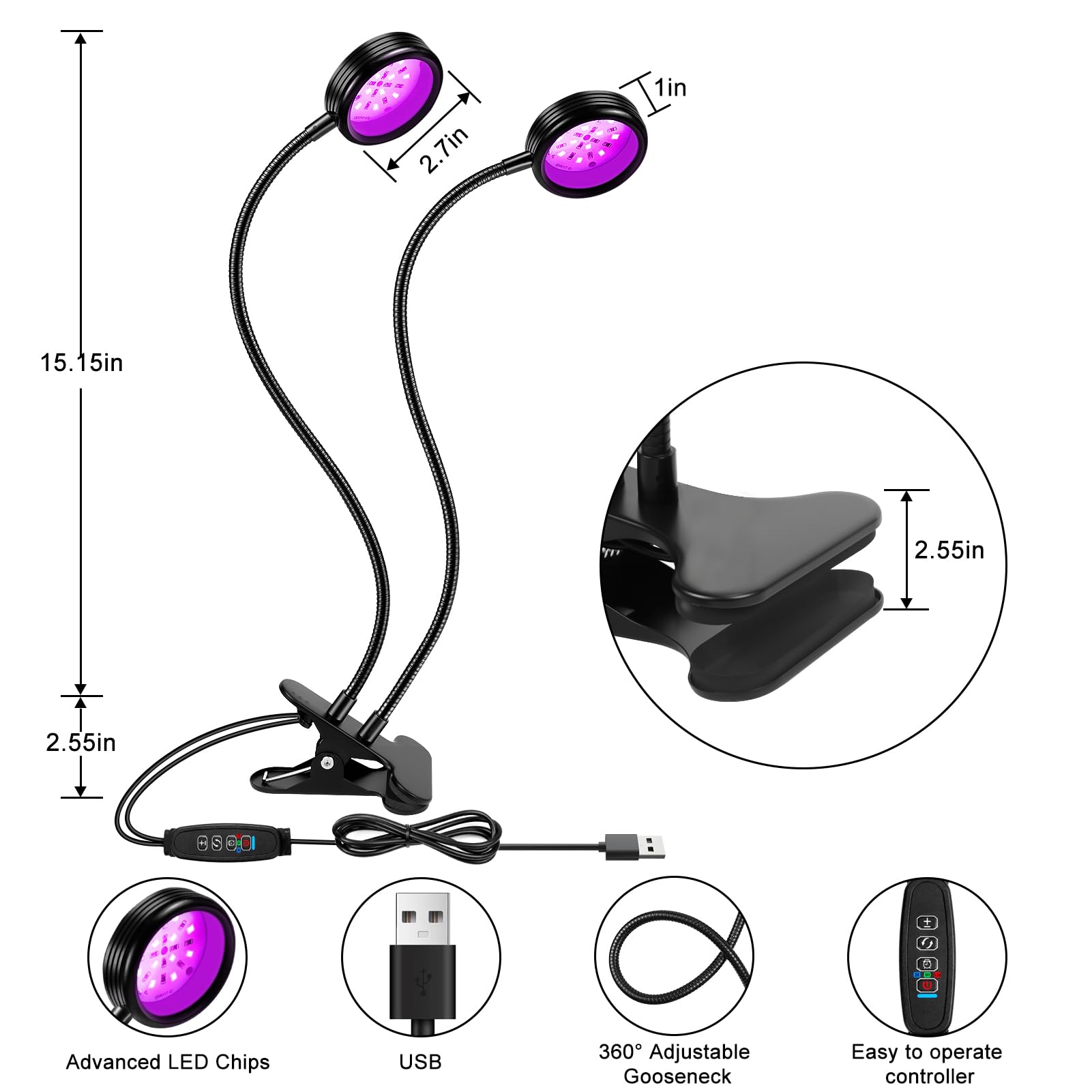 YGS-Tech LED Black Light Dual Head UV Gooseneck Lamp 10W USB Powered for Blacklight Party, 395-405nm, Round, 2 Head