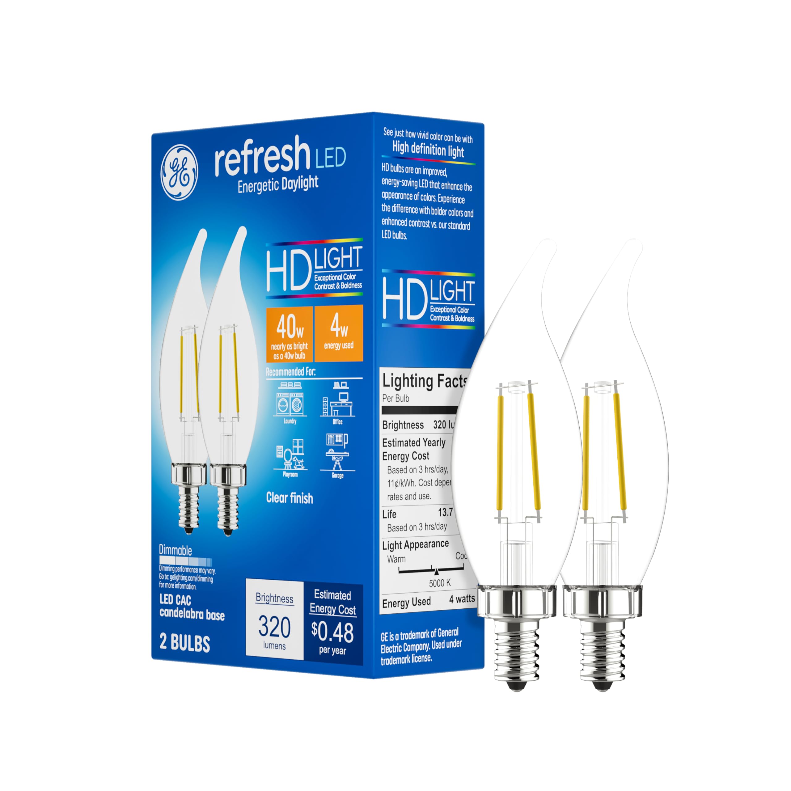 GE Refresh LED Light Bulbs, 40W, Daylight Candle Lights, Clear Decorative Bulbs, Small Base (2 Pack)